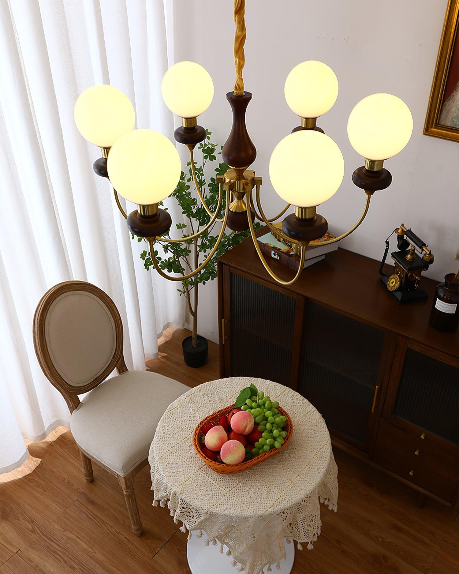 Chandelier Brass Curved Arms Walnut Vintage - Neutralighting