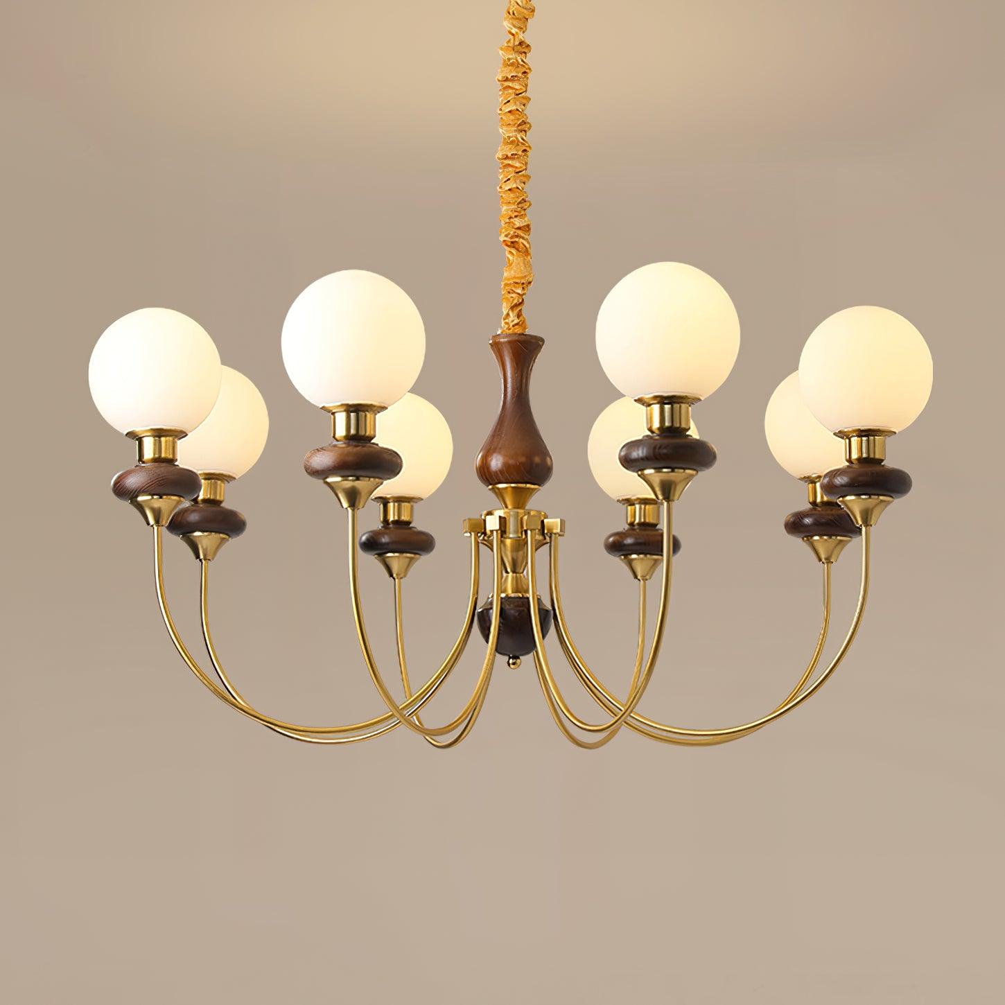 Chandelier Brass Curved Arms Walnut Vintage - Neutralighting