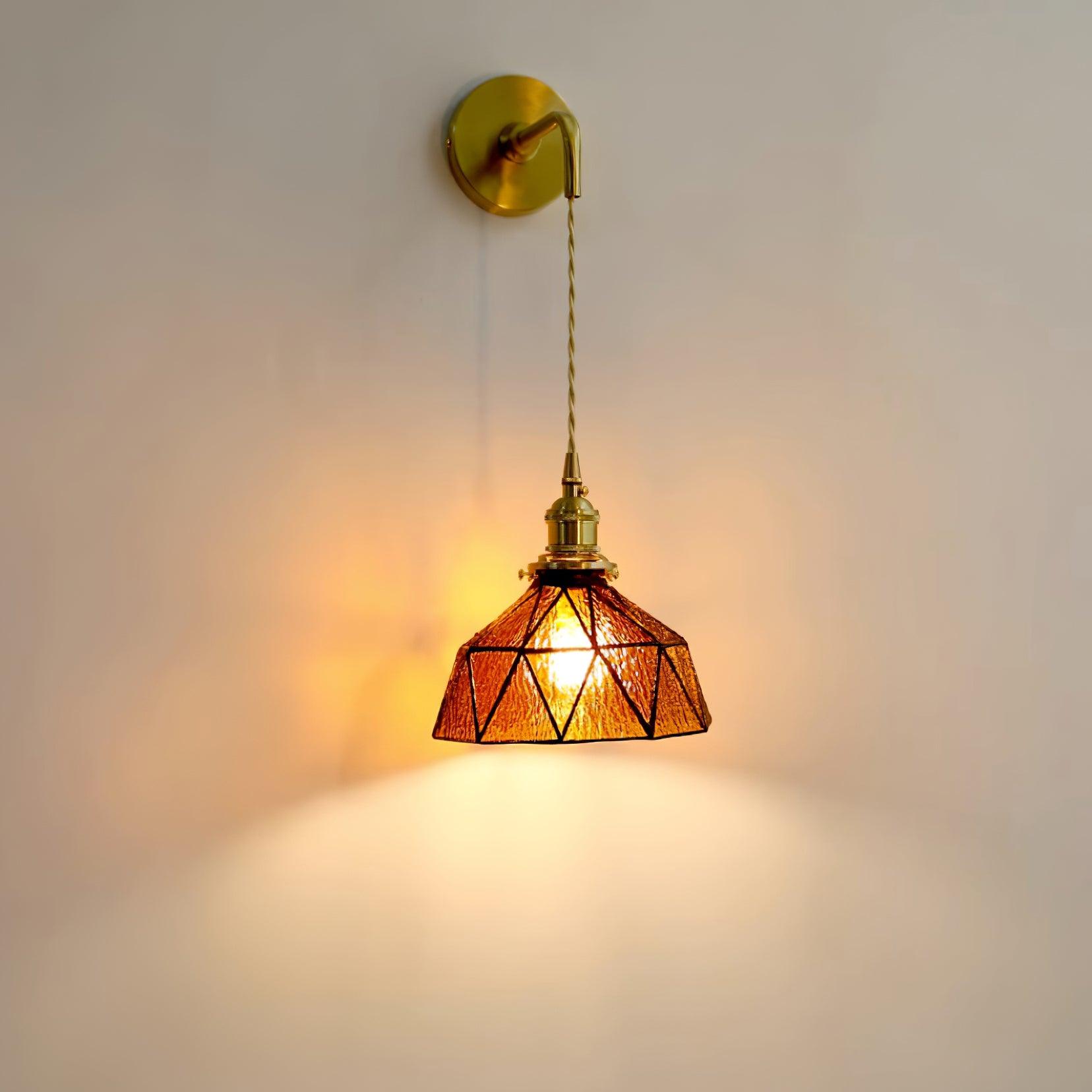 Wall Lamp Geometric Stained Glass Shade Vintage Brass Arm Pastoral - Neutralighting