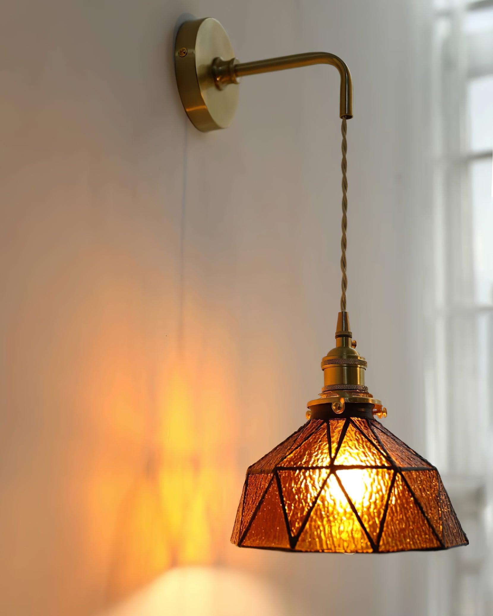 Wall Lamp Geometric Stained Glass Shade Vintage Brass Arm Pastoral - Neutralighting