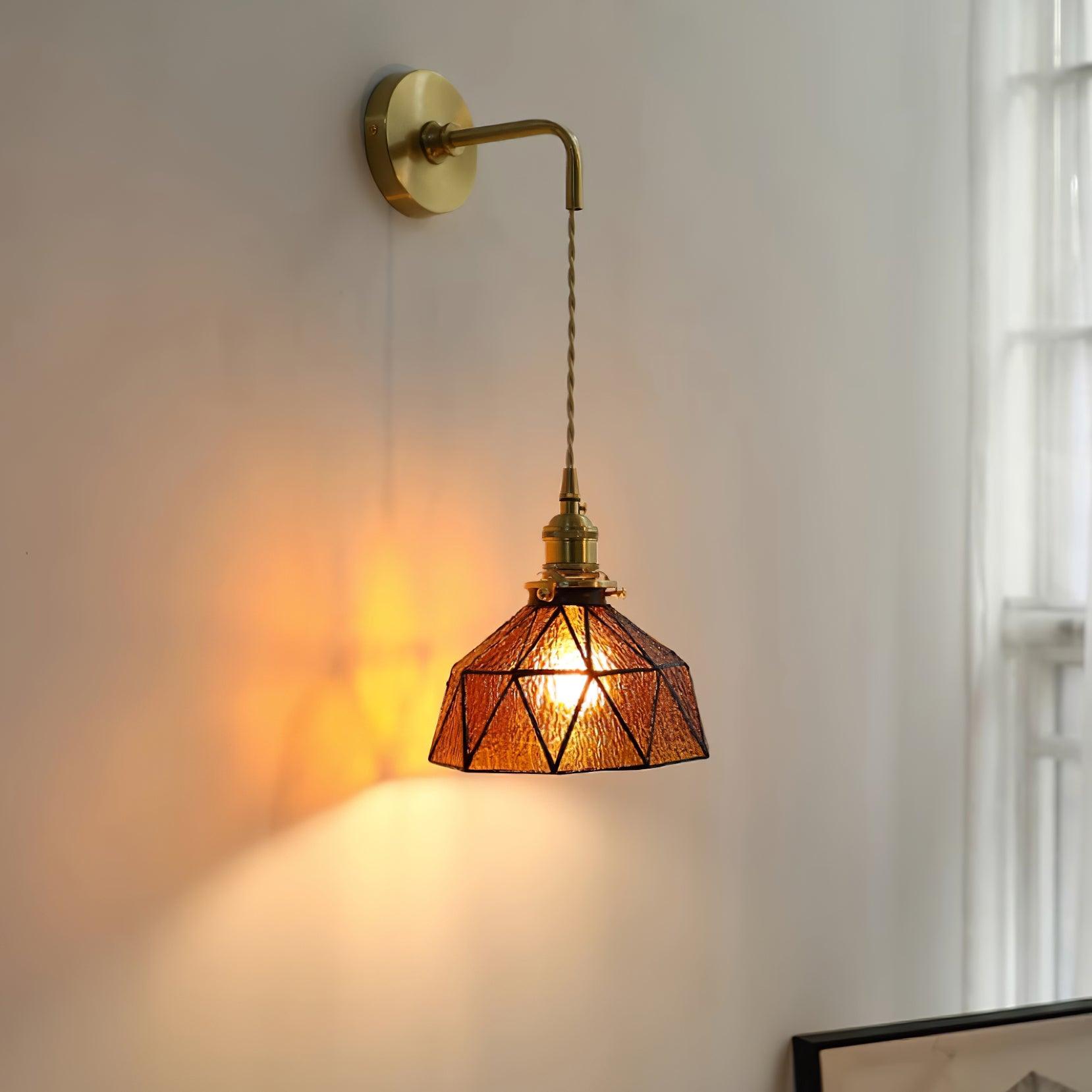 Wall Lamp Geometric Stained Glass Shade Vintage Brass Arm Pastoral - Neutralighting