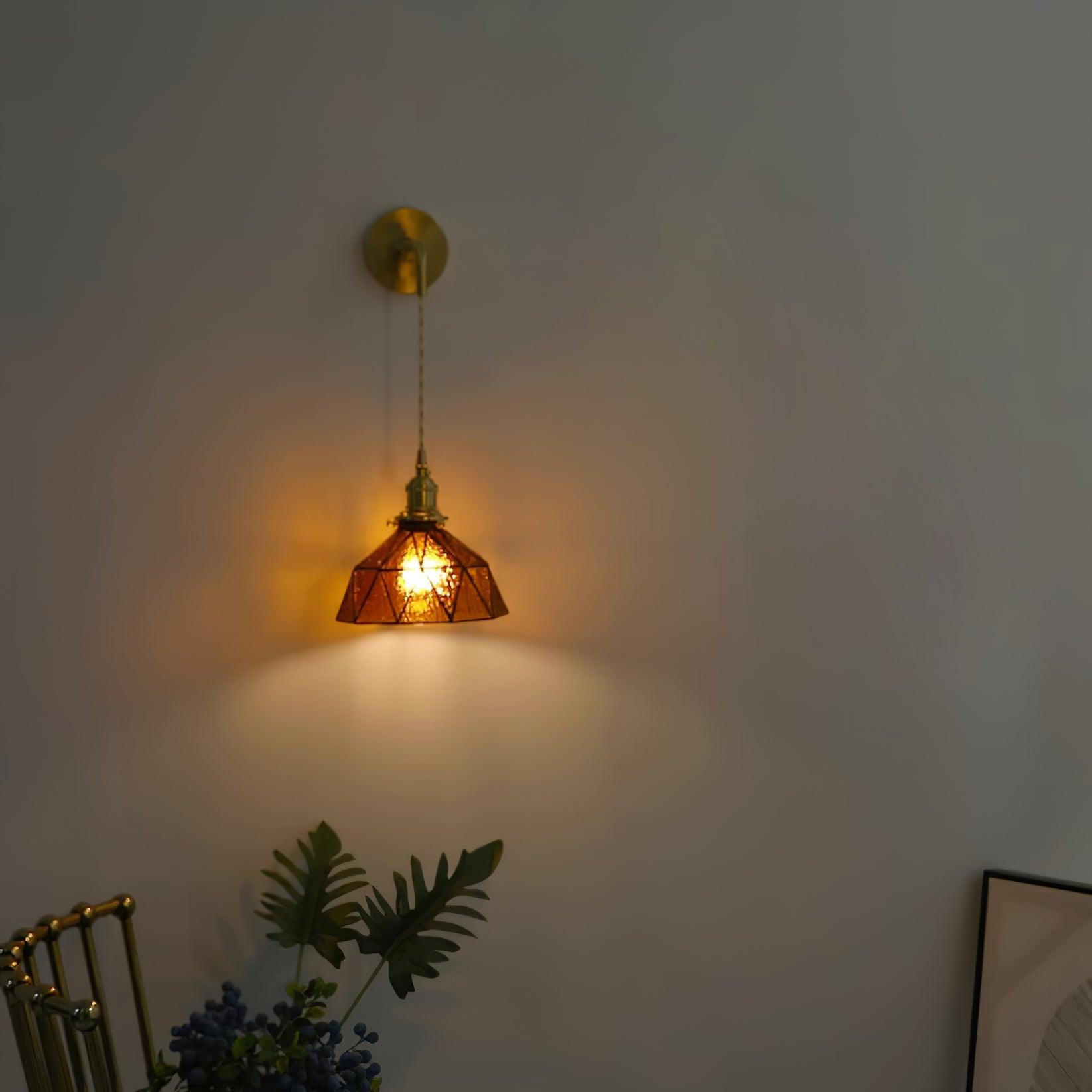 Wall Lamp Geometric Stained Glass Shade Vintage Brass Arm Pastoral - Neutralighting