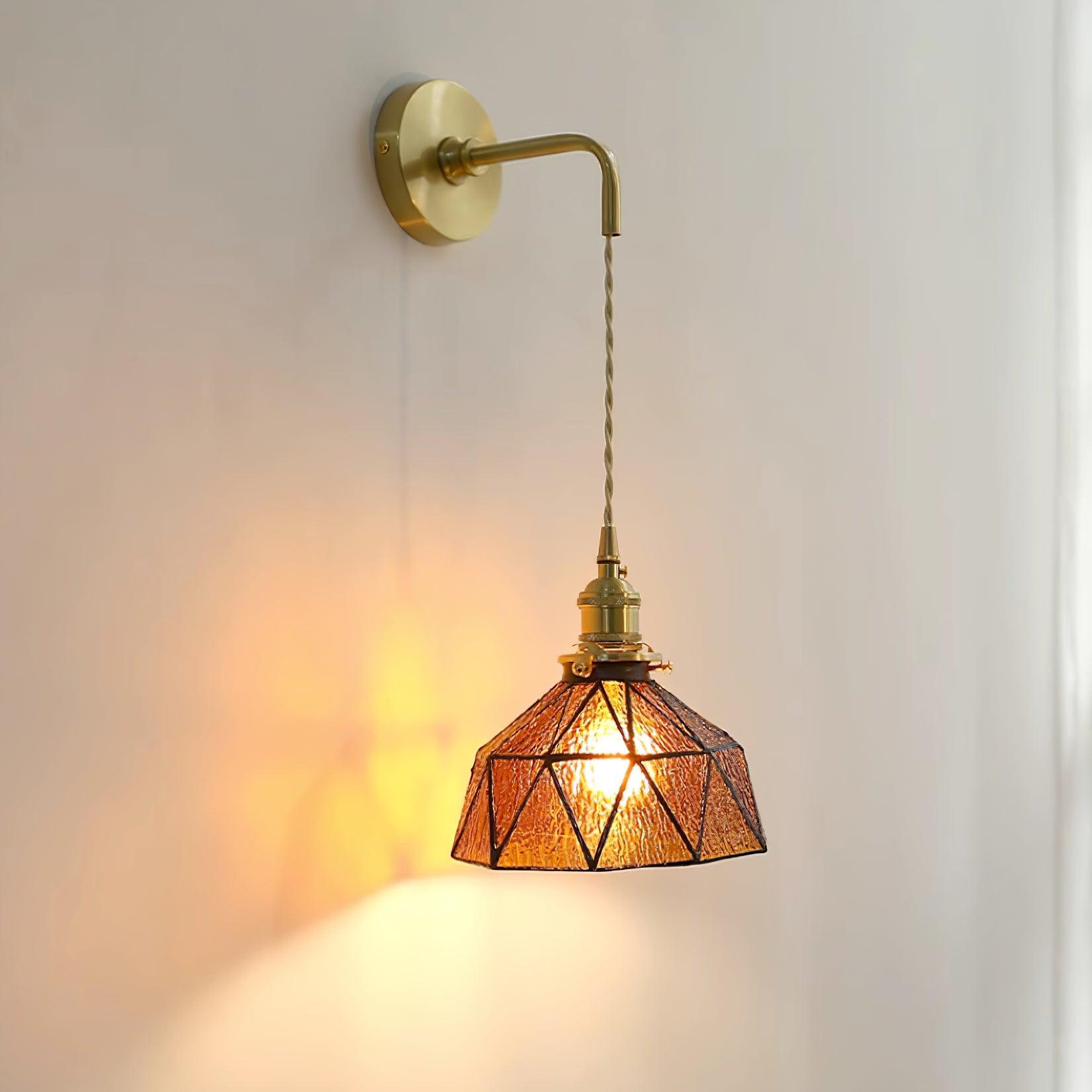 Wall Lamp Geometric Stained Glass Shade Vintage Brass Arm Pastoral - Neutralighting