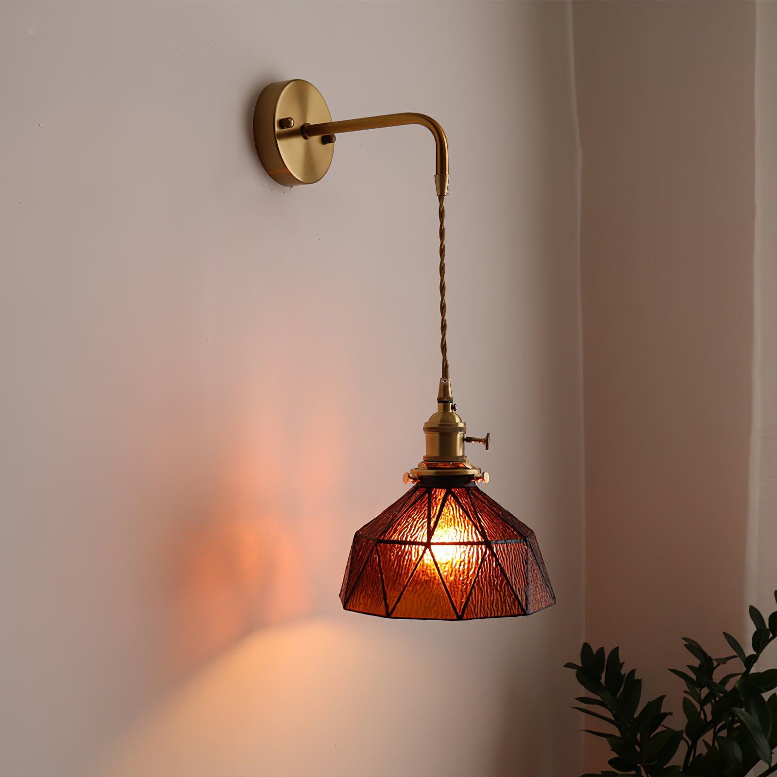 Wall Lamp Geometric Stained Glass Shade Vintage Brass Arm Pastoral - Neutralighting