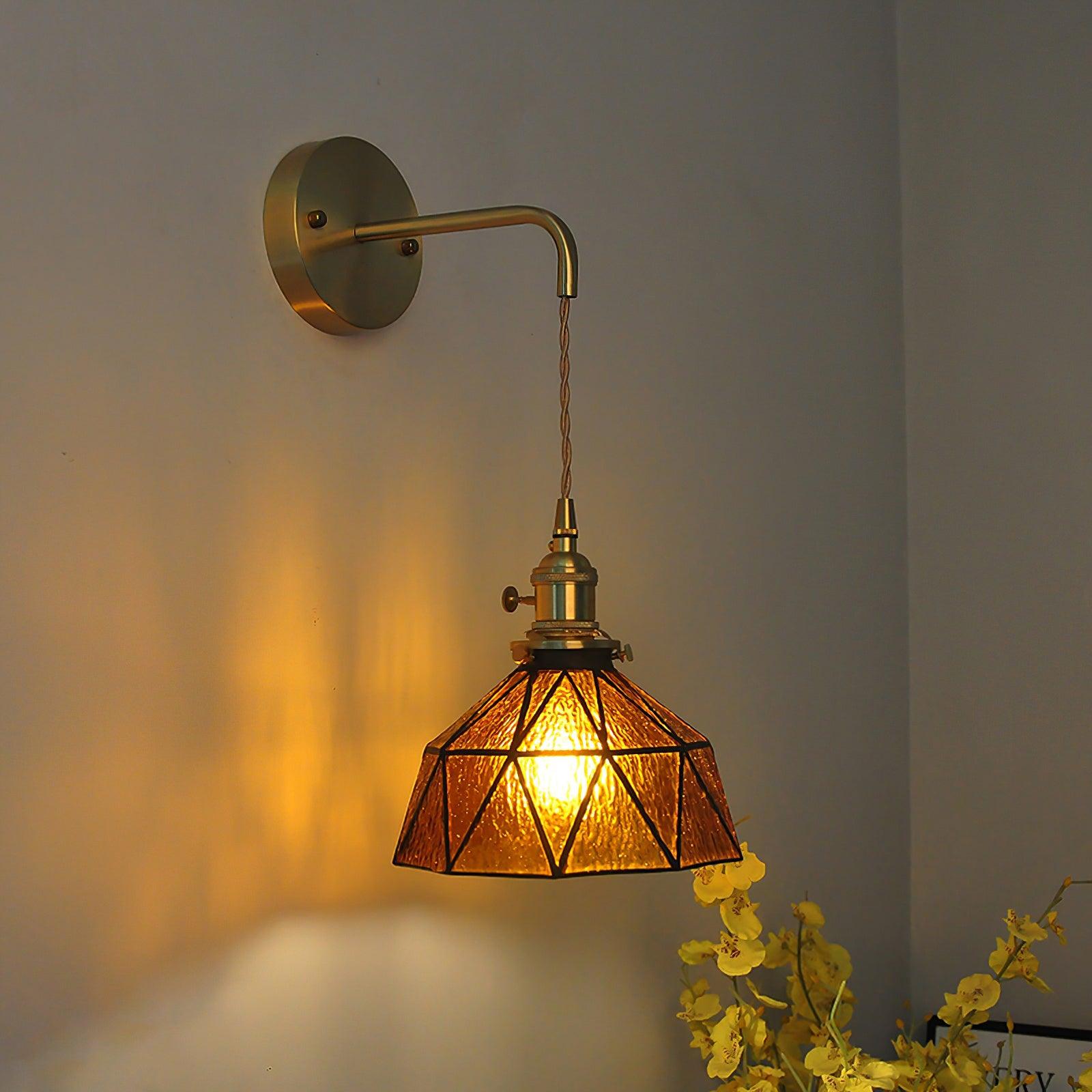 Wall Lamp Geometric Stained Glass Shade Vintage Brass Arm Pastoral - Neutralighting
