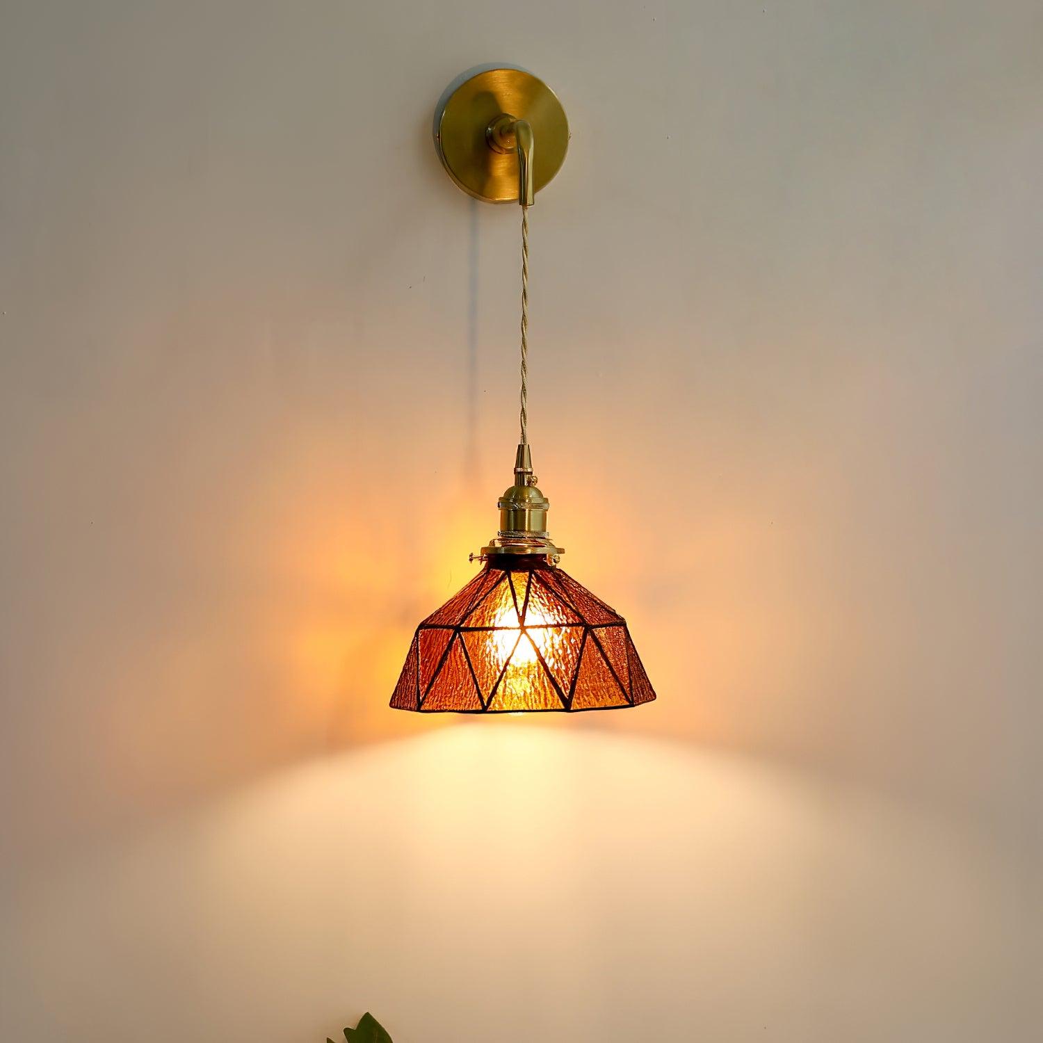 Wall Lamp Geometric Stained Glass Shade Vintage Brass Arm Pastoral - Neutralighting