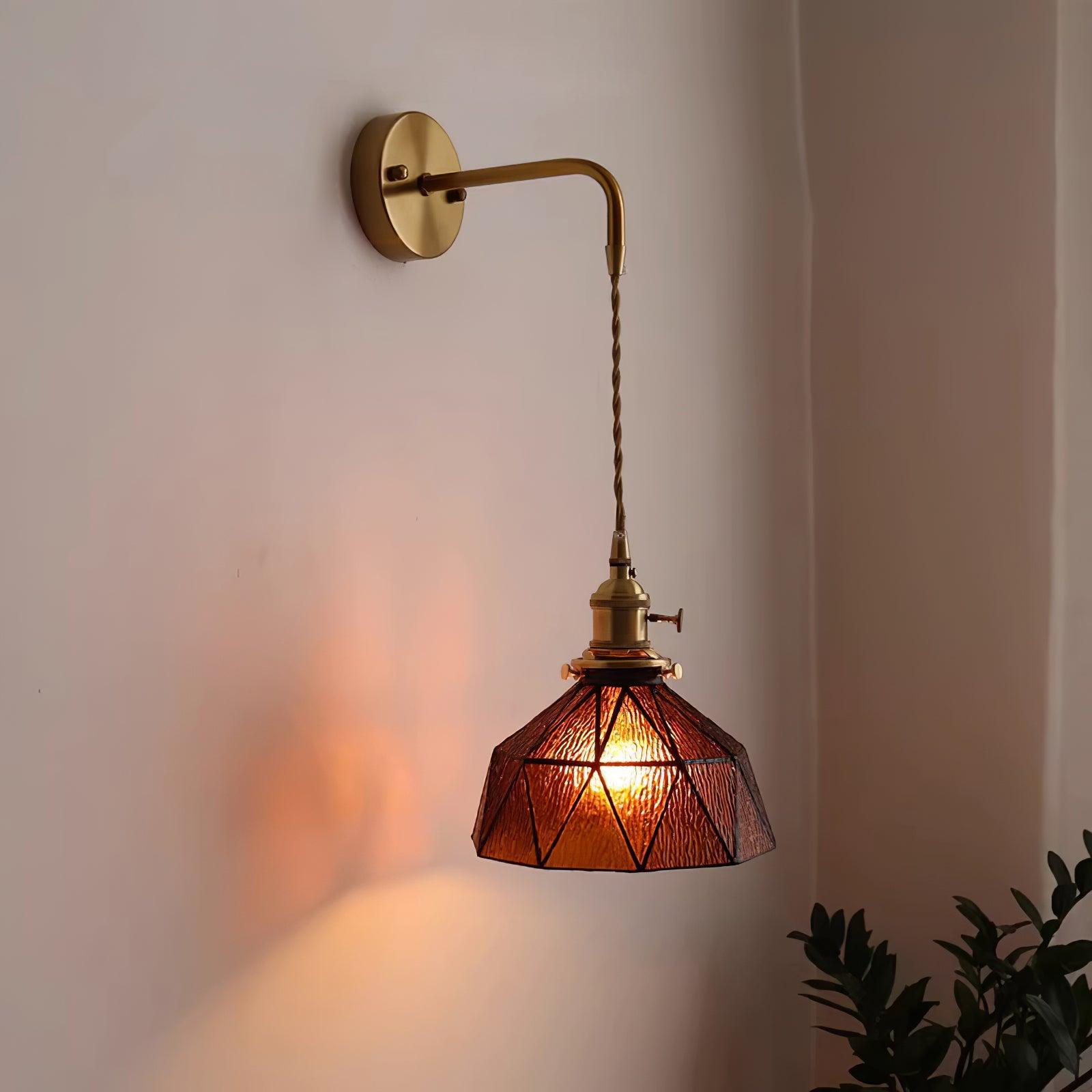 Wall Lamp Geometric Stained Glass Shade Vintage Brass Arm Pastoral - Neutralighting