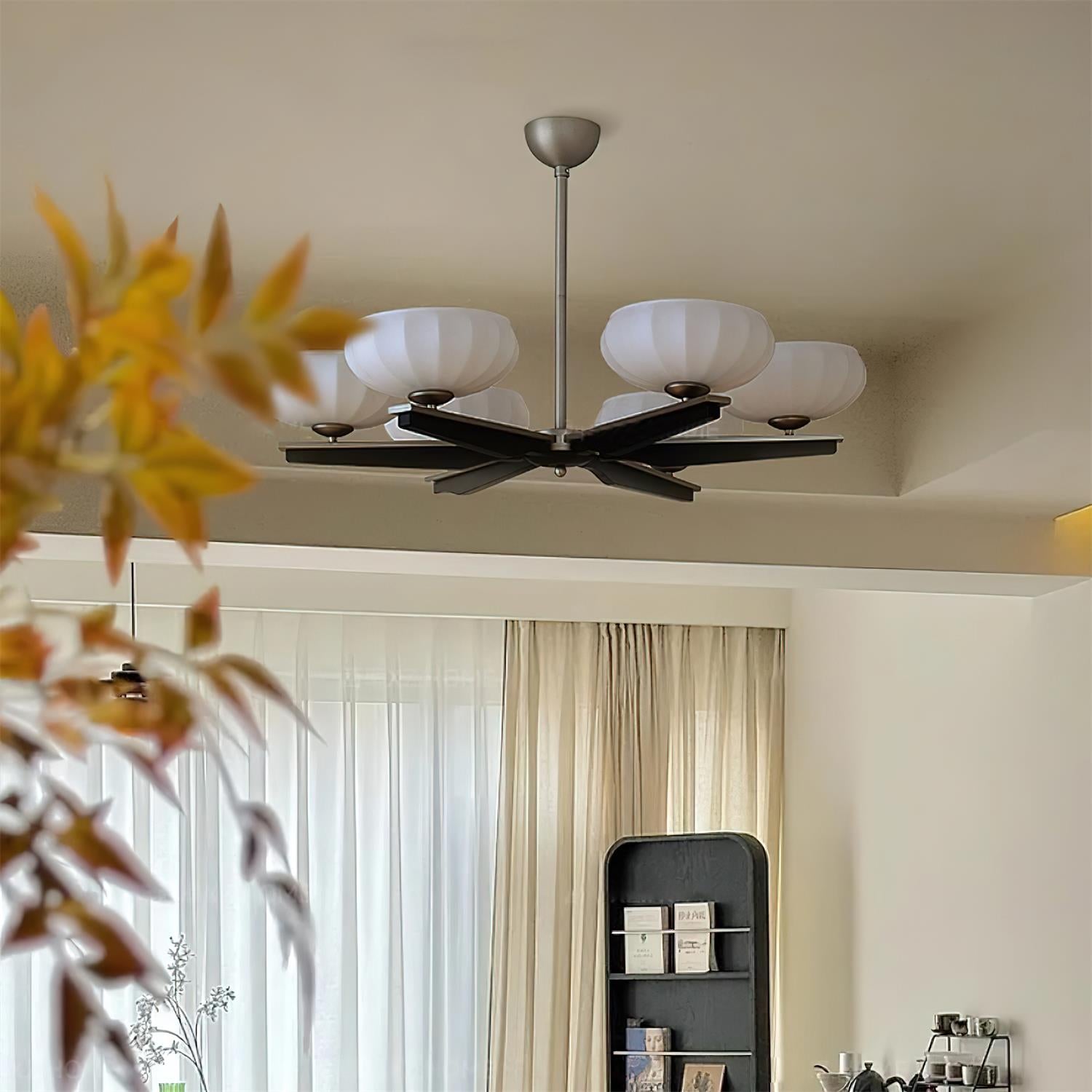 Chandelier Walnut Wood Arms and Opal Glass Shades Midcentury - Neutralighting