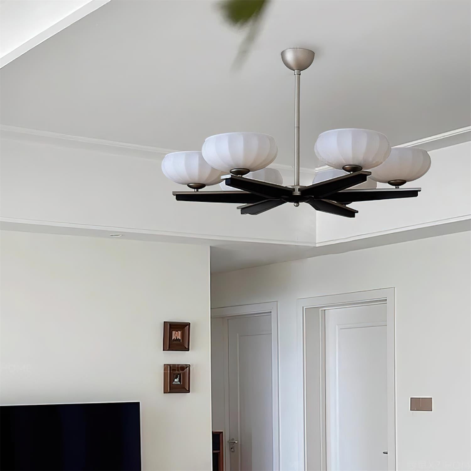 Chandelier Walnut Wood Arms and Opal Glass Shades Midcentury - Neutralighting