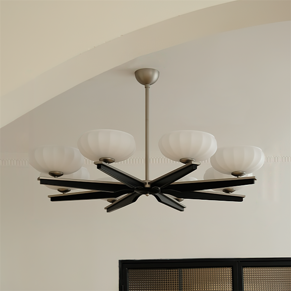 Chandelier Walnut Wood Arms and Opal Glass Shades Midcentury - Neutralighting