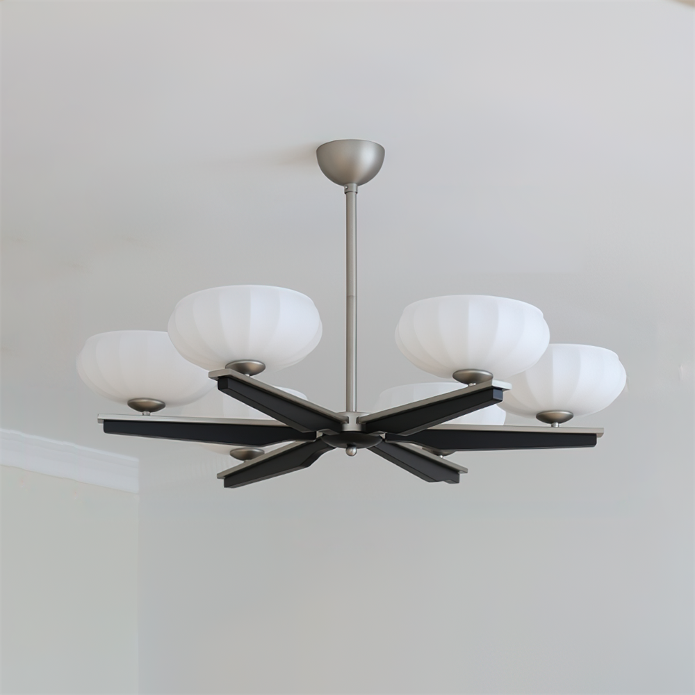 Chandelier Walnut Wood Arms and Opal Glass Shades Midcentury - Neutralighting