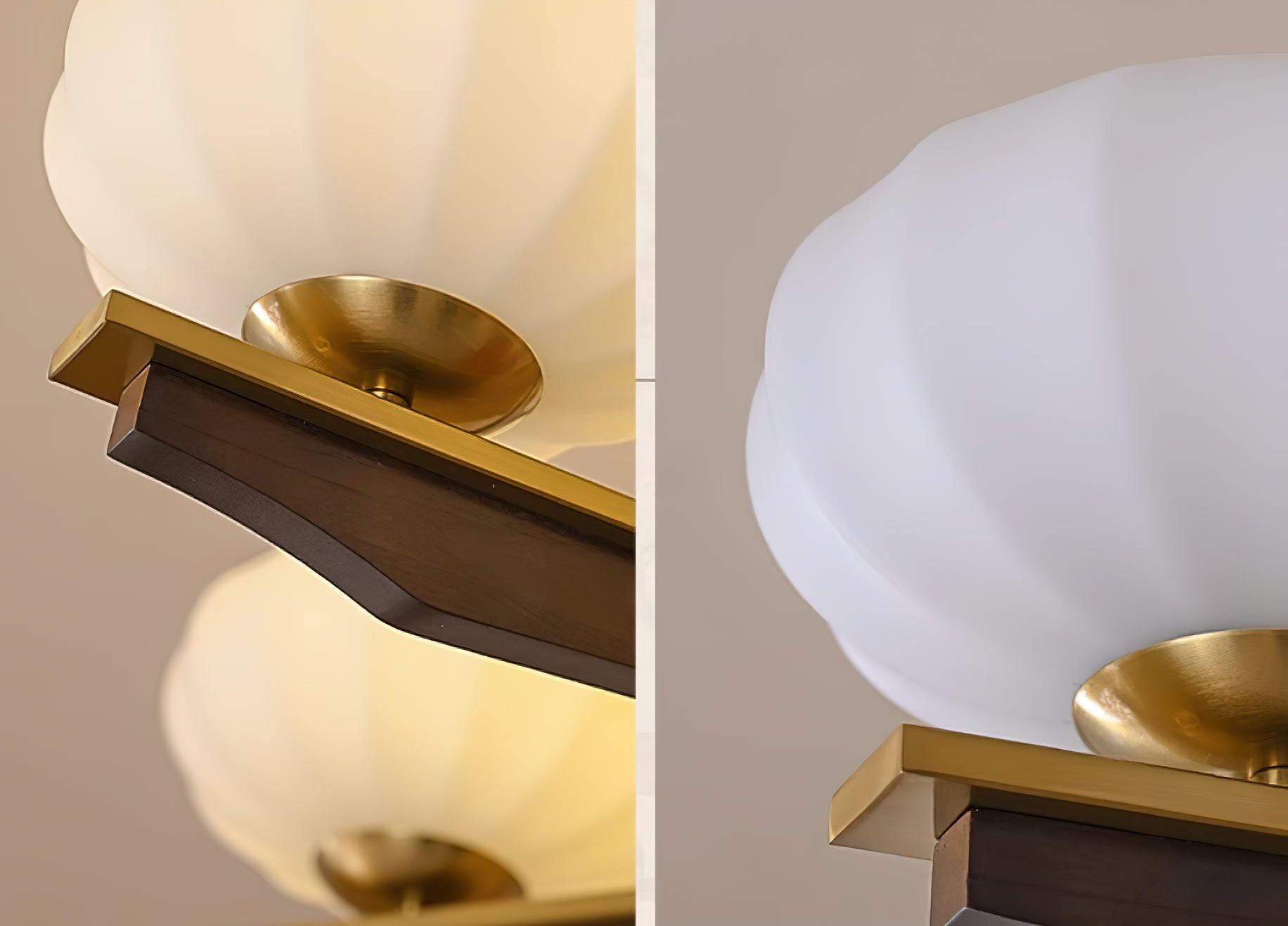 Chandelier Walnut Wood Arms and Opal Glass Shades Midcentury - Neutralighting