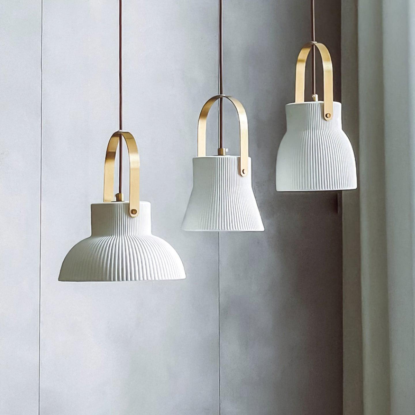 Pendant Lamp Ribbed White Ceramic with Brass Handle - Neutralighting