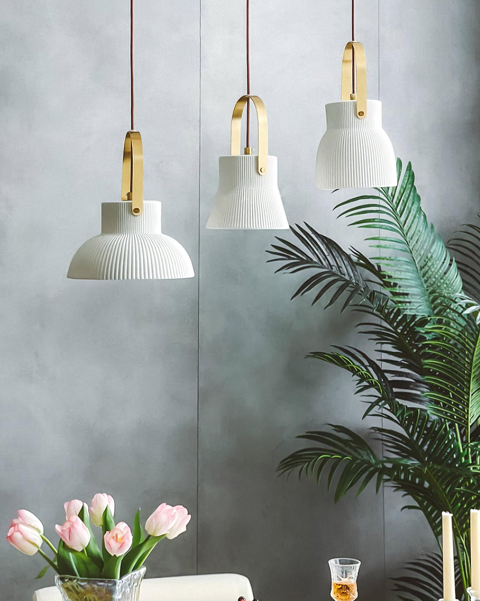 Pendant Lamp Ribbed White Ceramic with Brass Handle - Neutralighting