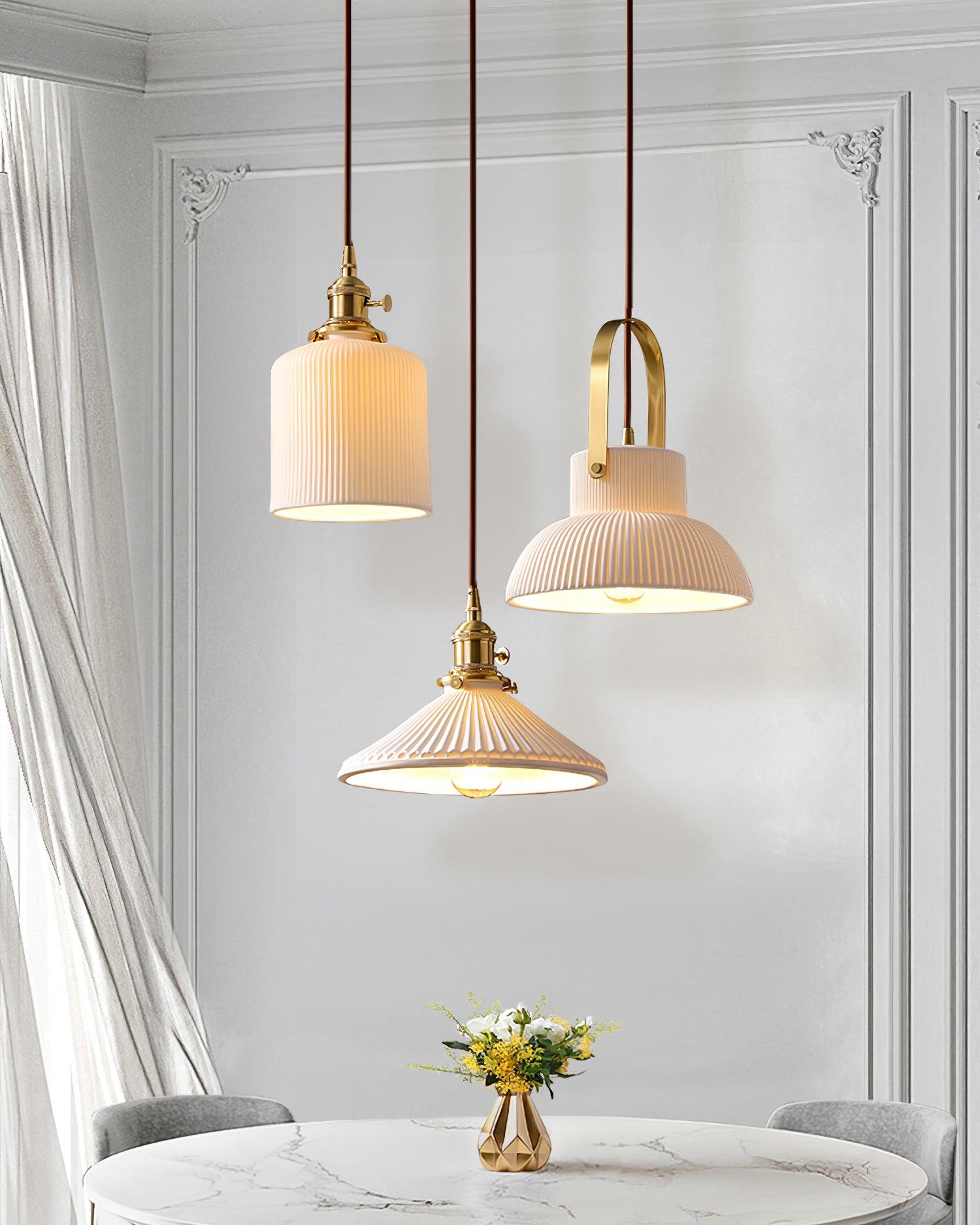 Pendant Lamp Ribbed White Ceramic with Brass Handle - Neutralighting