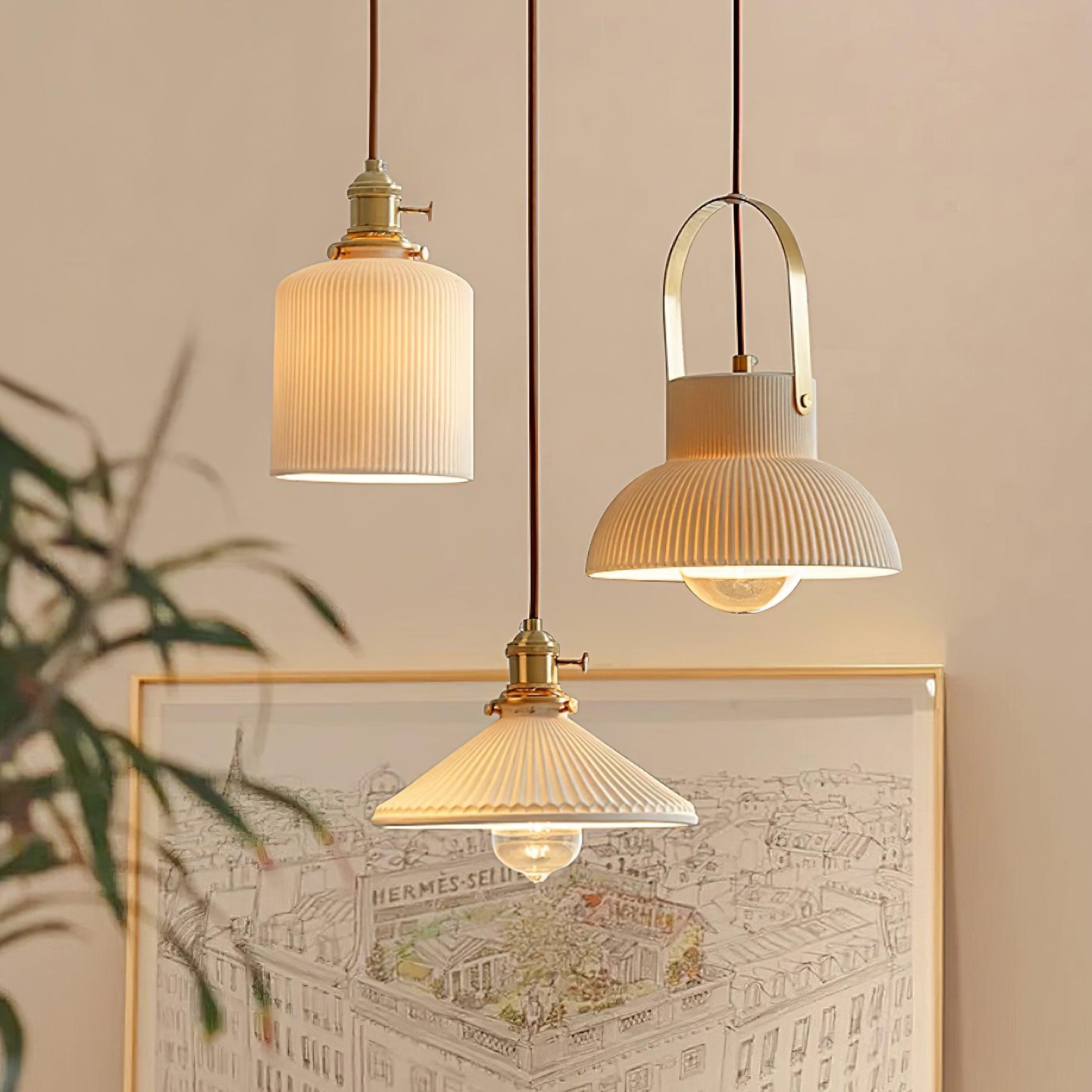 Pendant Lamp Ribbed White Ceramic with Brass Handle - Neutralighting