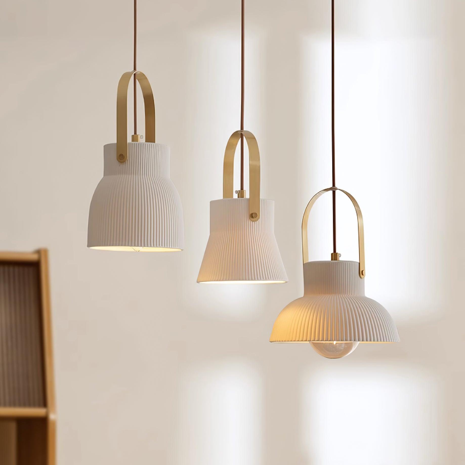 Pendant Lamp Ribbed White Ceramic with Brass Handle - Neutralighting
