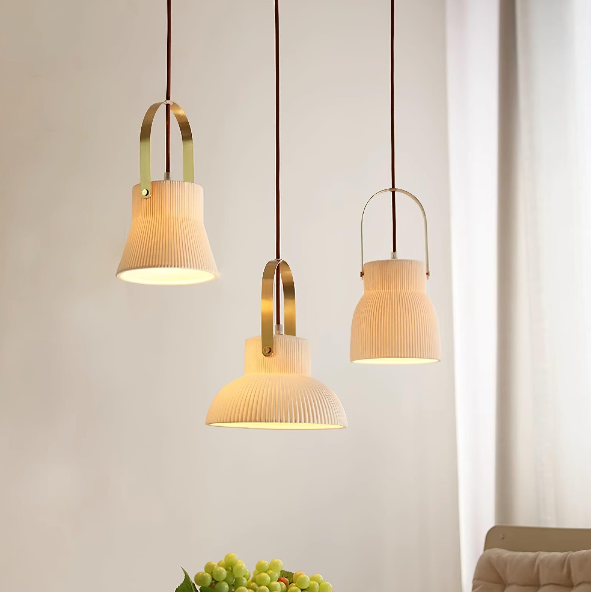 Pendant Lamp Ribbed White Ceramic with Brass Handle - Neutralighting