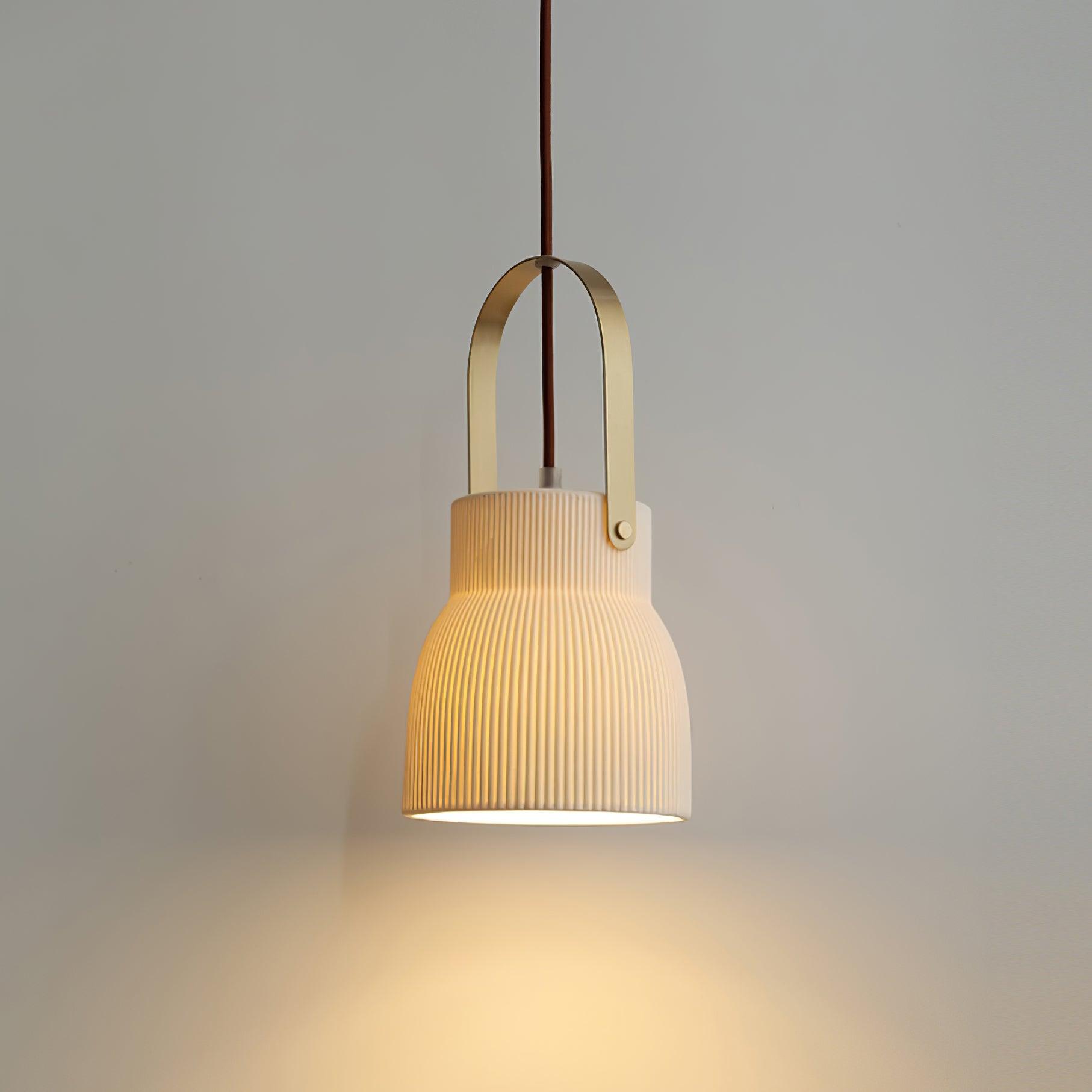 Pendant Lamp Ribbed White Ceramic with Brass Handle - Neutralighting