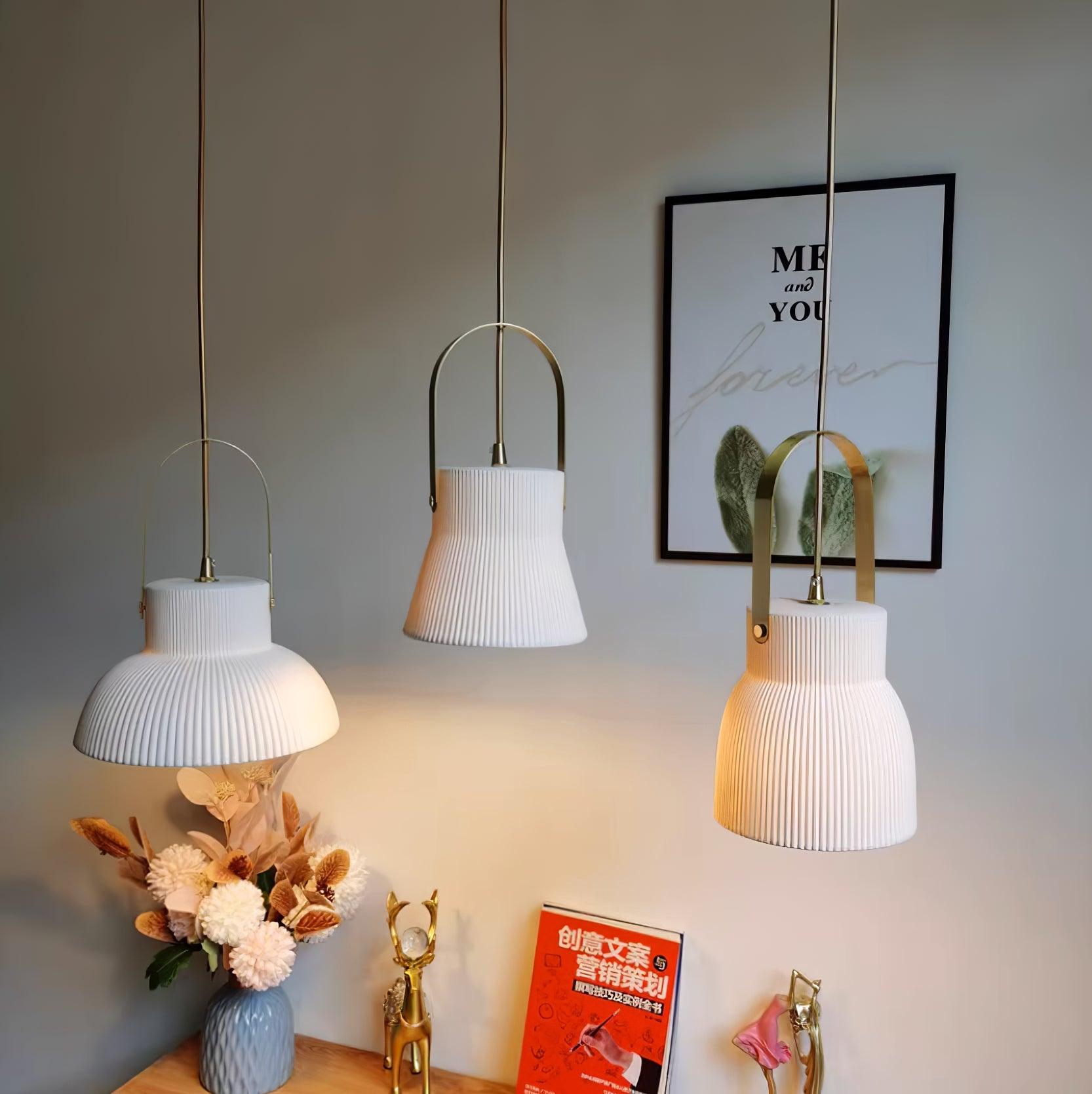 Pendant Lamp Ribbed White Ceramic with Brass Handle - Neutralighting