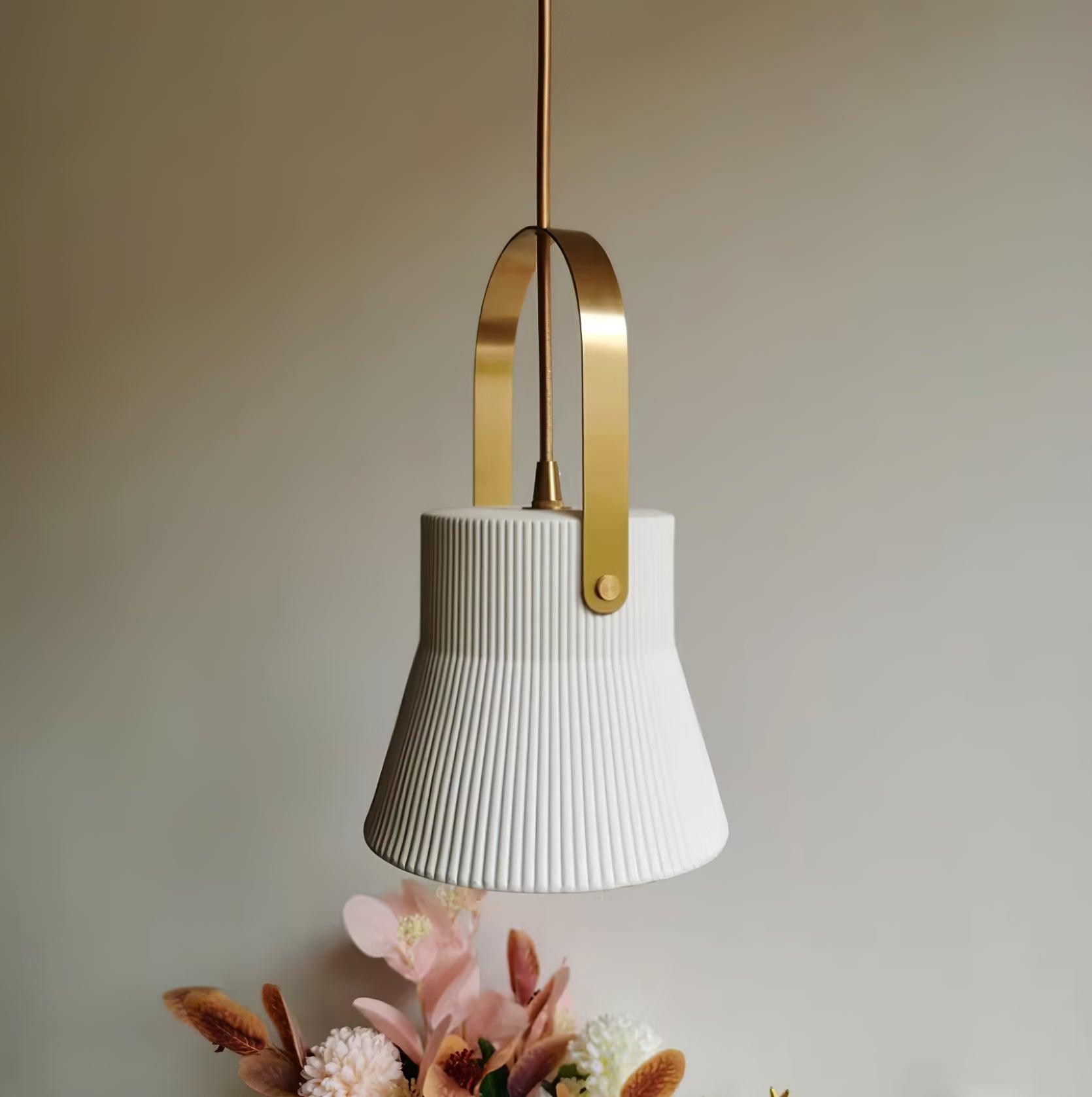 Pendant Lamp Ribbed White Ceramic with Brass Handle - Neutralighting