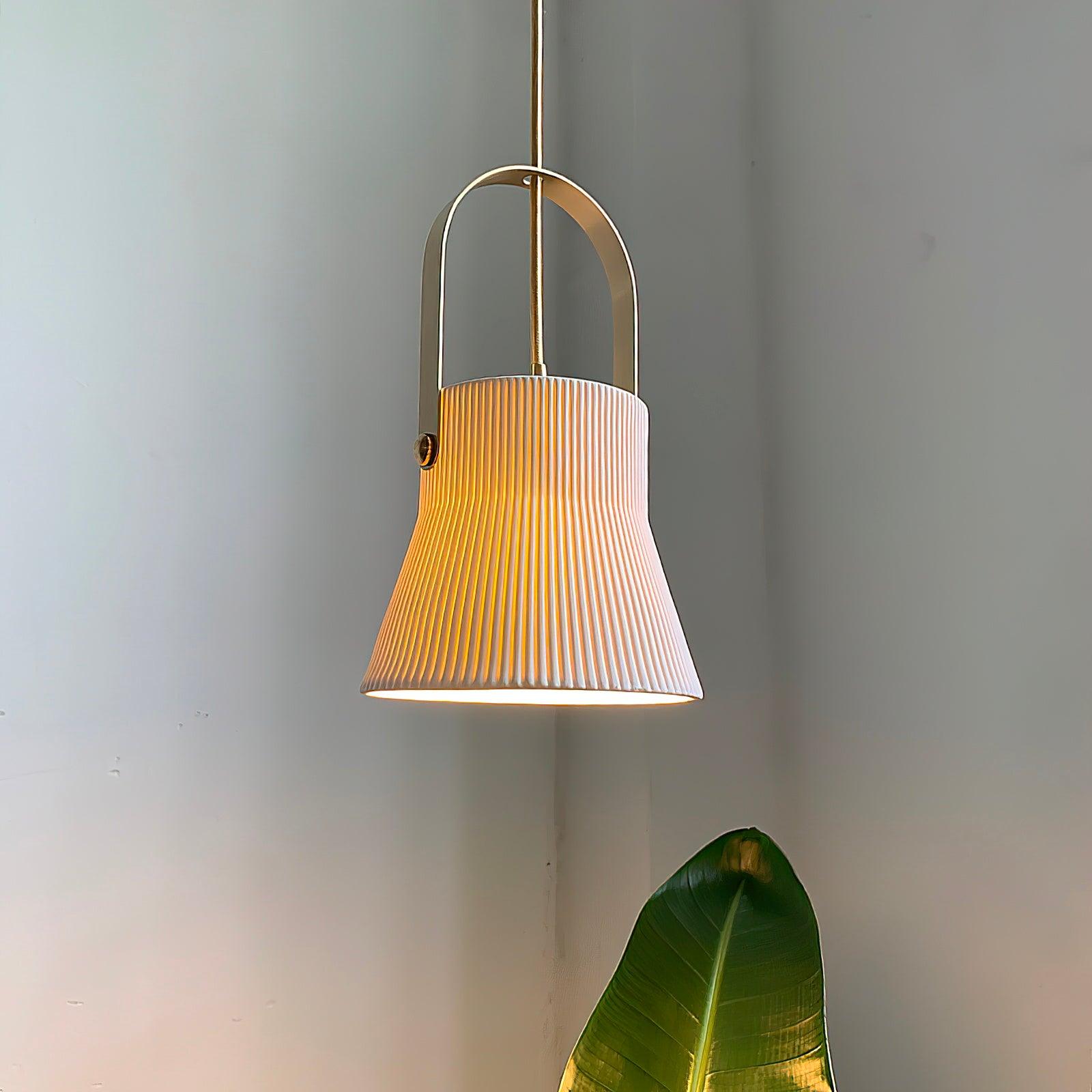 Pendant Lamp Ribbed White Ceramic with Brass Handle - Neutralighting