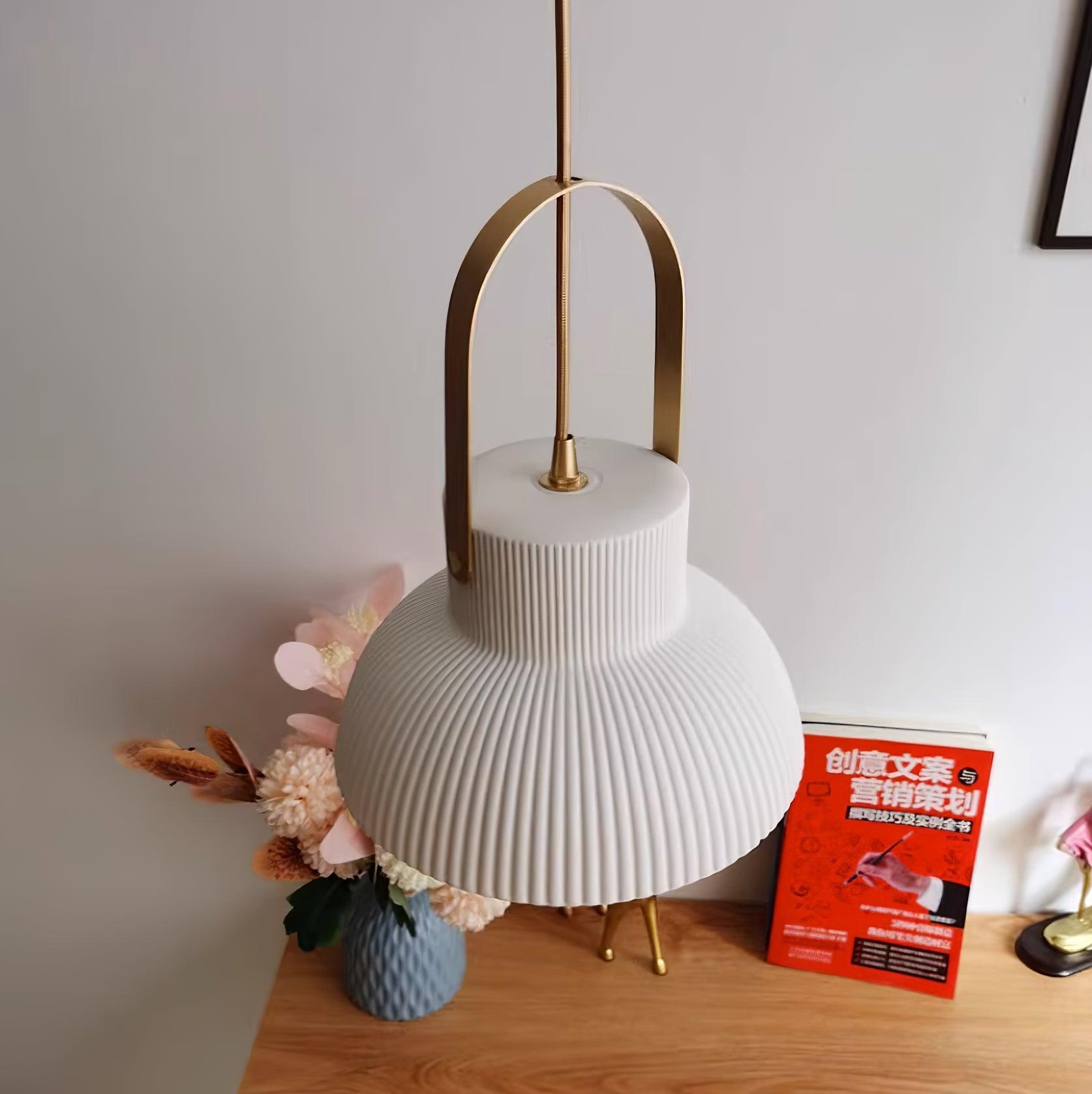 Pendant Lamp Ribbed White Ceramic with Brass Handle - Neutralighting