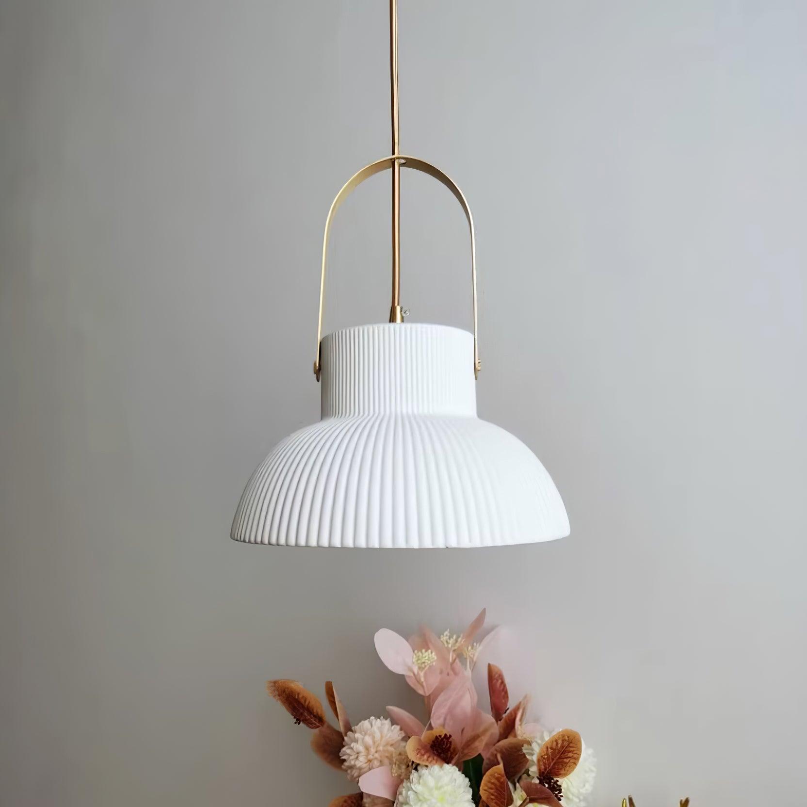 Pendant Lamp Ribbed White Ceramic with Brass Handle - Neutralighting