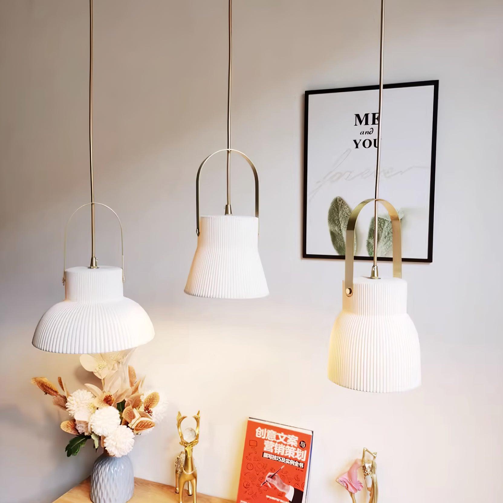 Pendant Lamp Ribbed White Ceramic with Brass Handle - Neutralighting