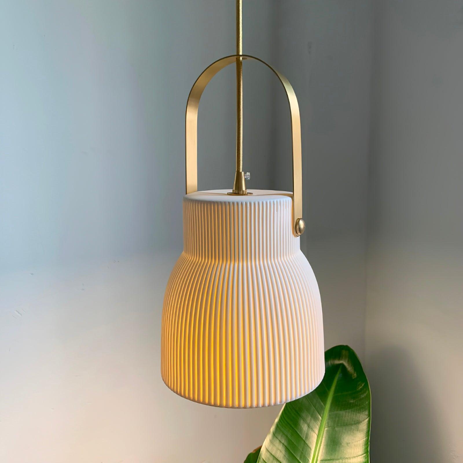 Pendant Lamp Ribbed White Ceramic with Brass Handle - Neutralighting
