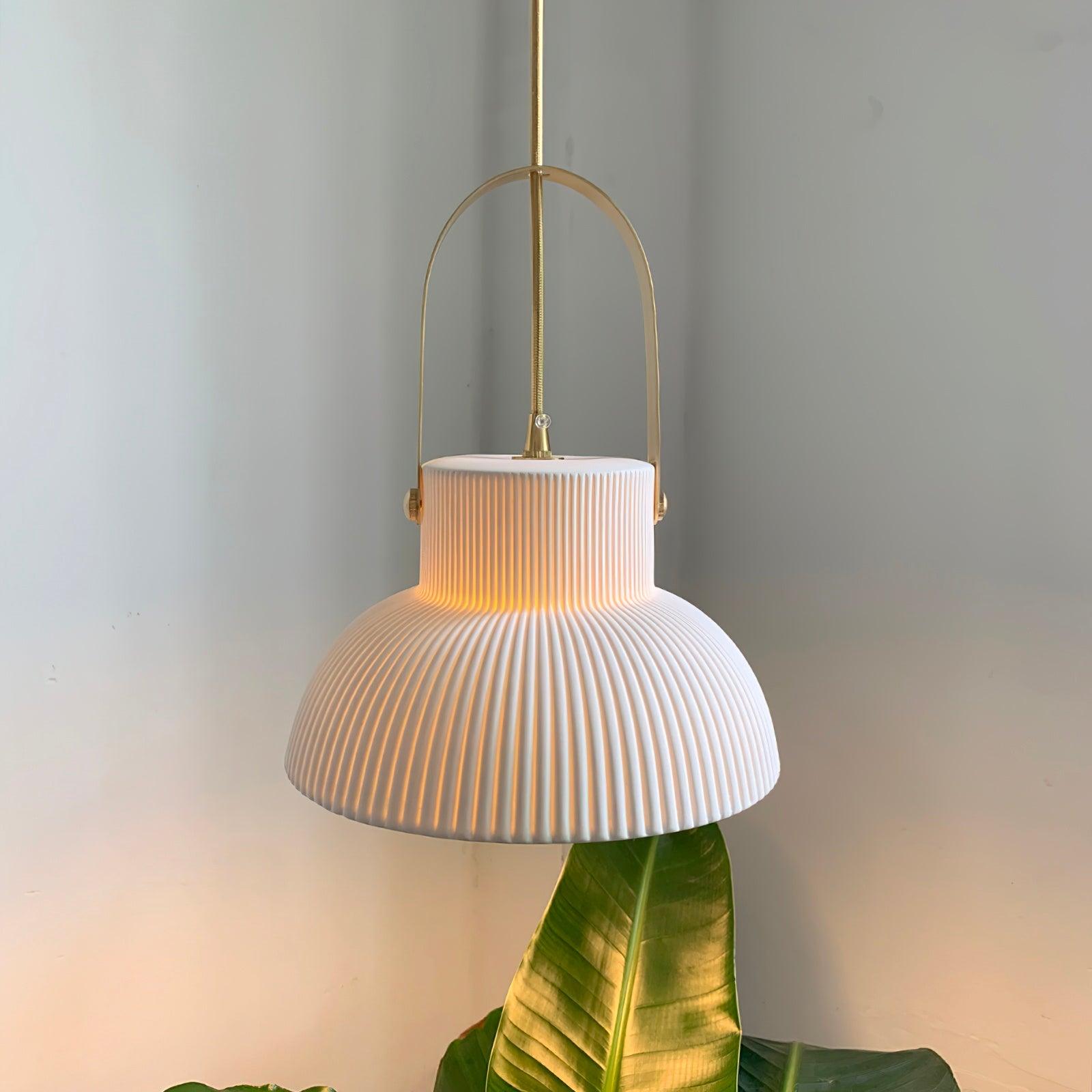 Pendant Lamp Ribbed White Ceramic with Brass Handle - Neutralighting