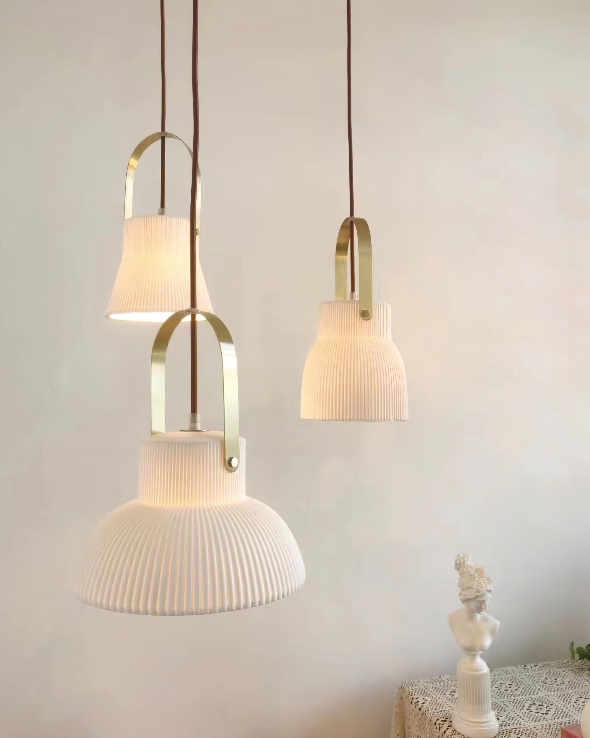 Pendant Lamp Ribbed White Ceramic with Brass Handle - Neutralighting