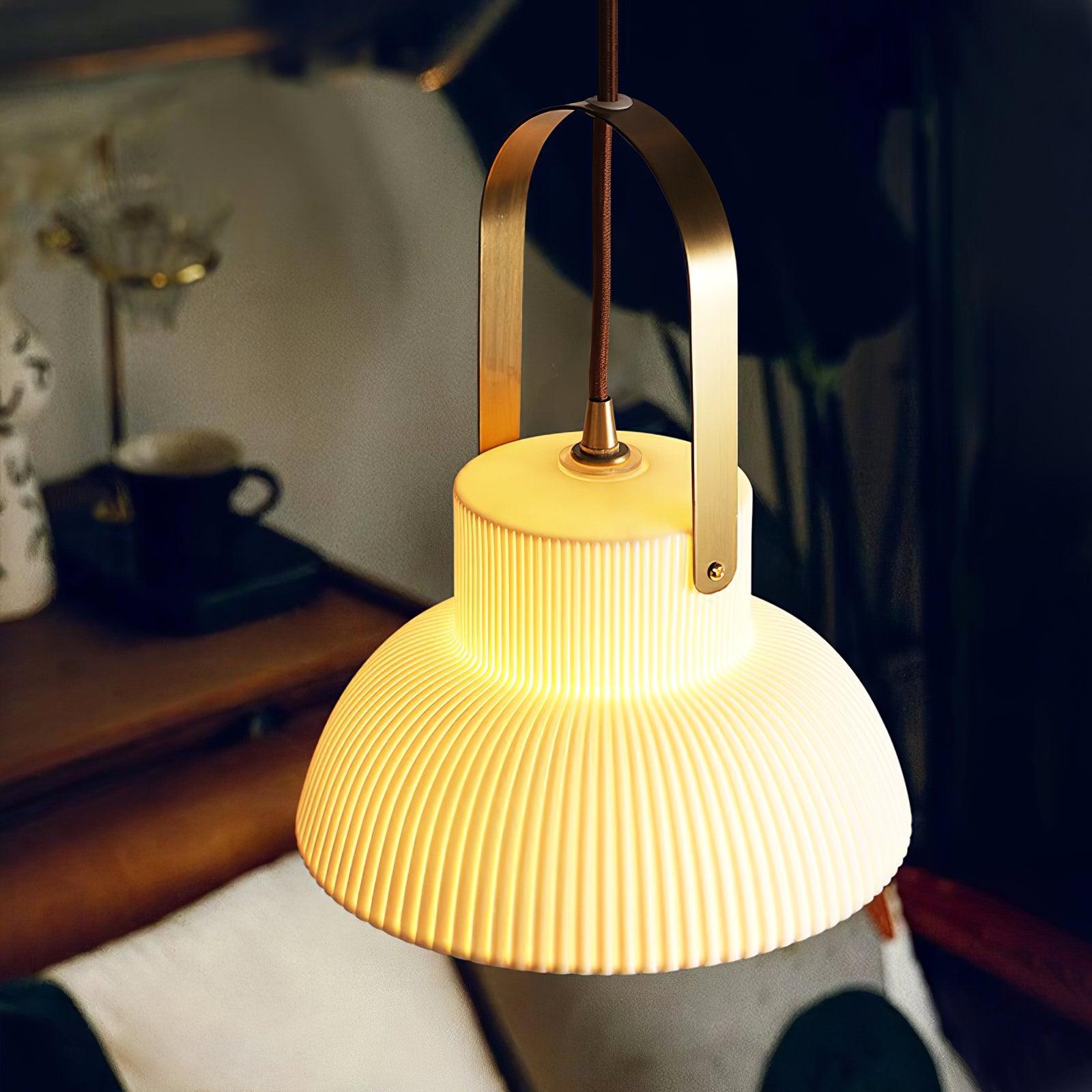 Pendant Lamp Ribbed White Ceramic with Brass Handle - Neutralighting