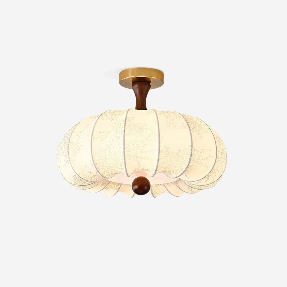 Ceiling Light Scalloped Fabric Shade Walnut Wood Canopy Vintage - Neutralighting