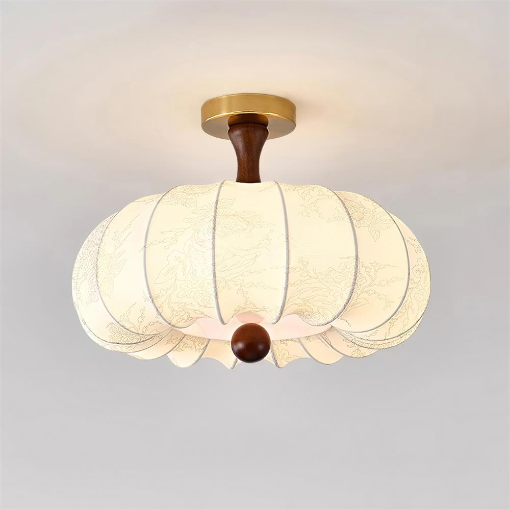 Ceiling Light Scalloped Fabric Shade Walnut Wood Canopy Vintage - Neutralighting