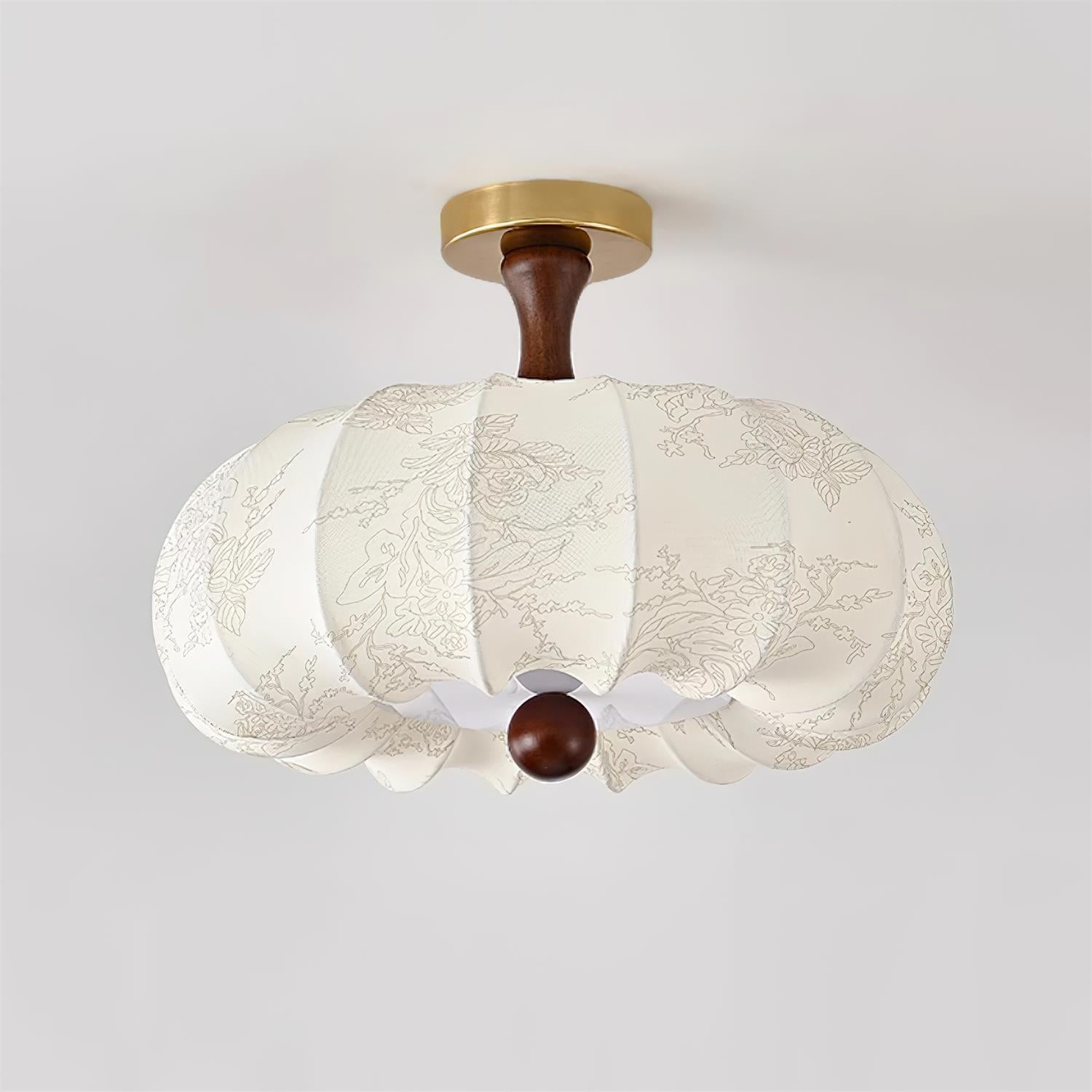 Ceiling Light Scalloped Fabric Shade Walnut Wood Canopy Vintage - Neutralighting
