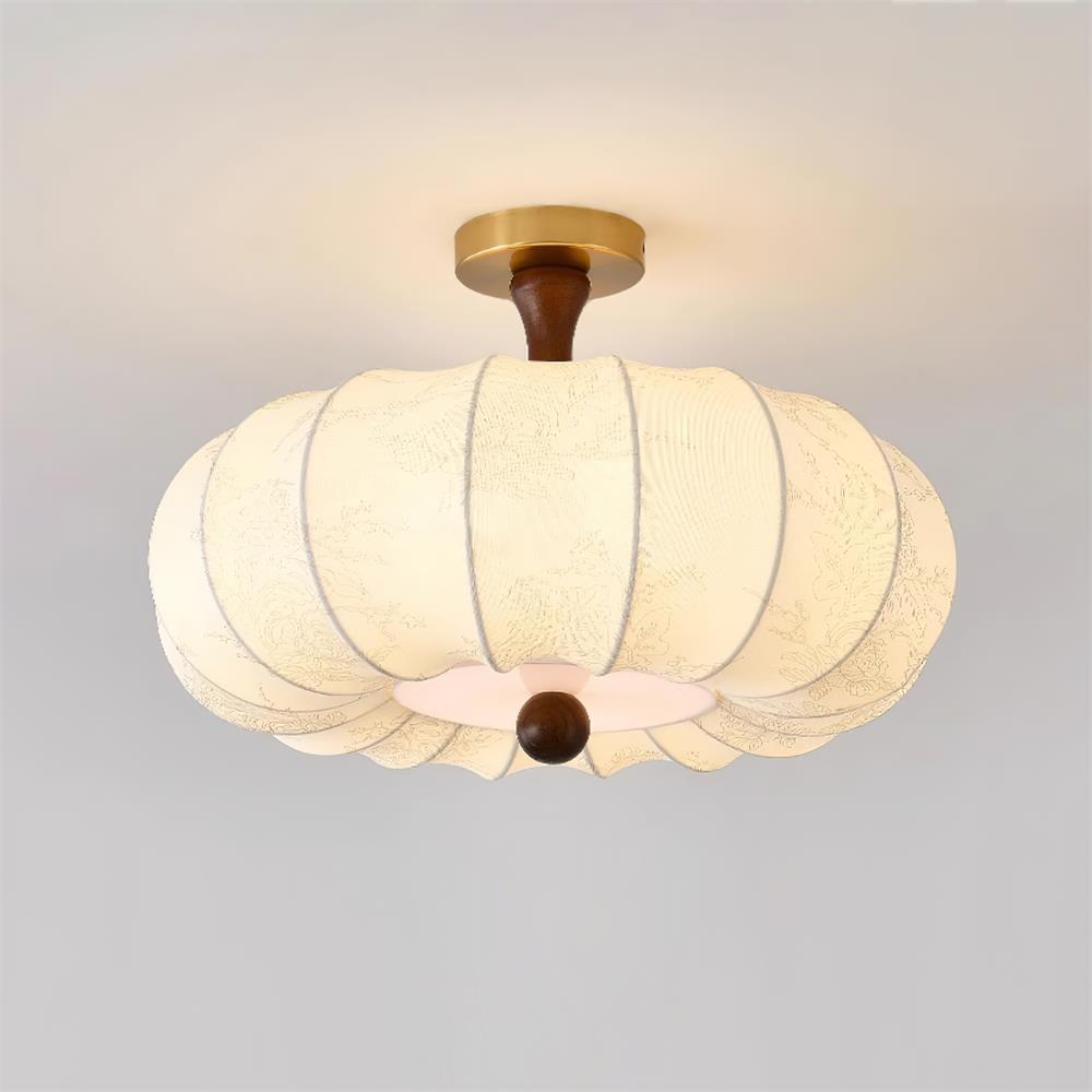 Ceiling Light Scalloped Fabric Shade Walnut Wood Canopy Vintage - Neutralighting