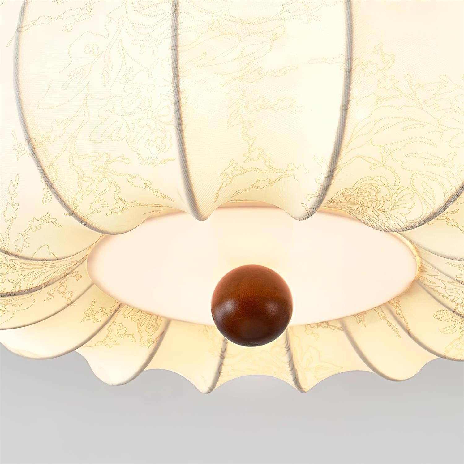 Ceiling Light Scalloped Fabric Shade Walnut Wood Canopy Vintage - Neutralighting