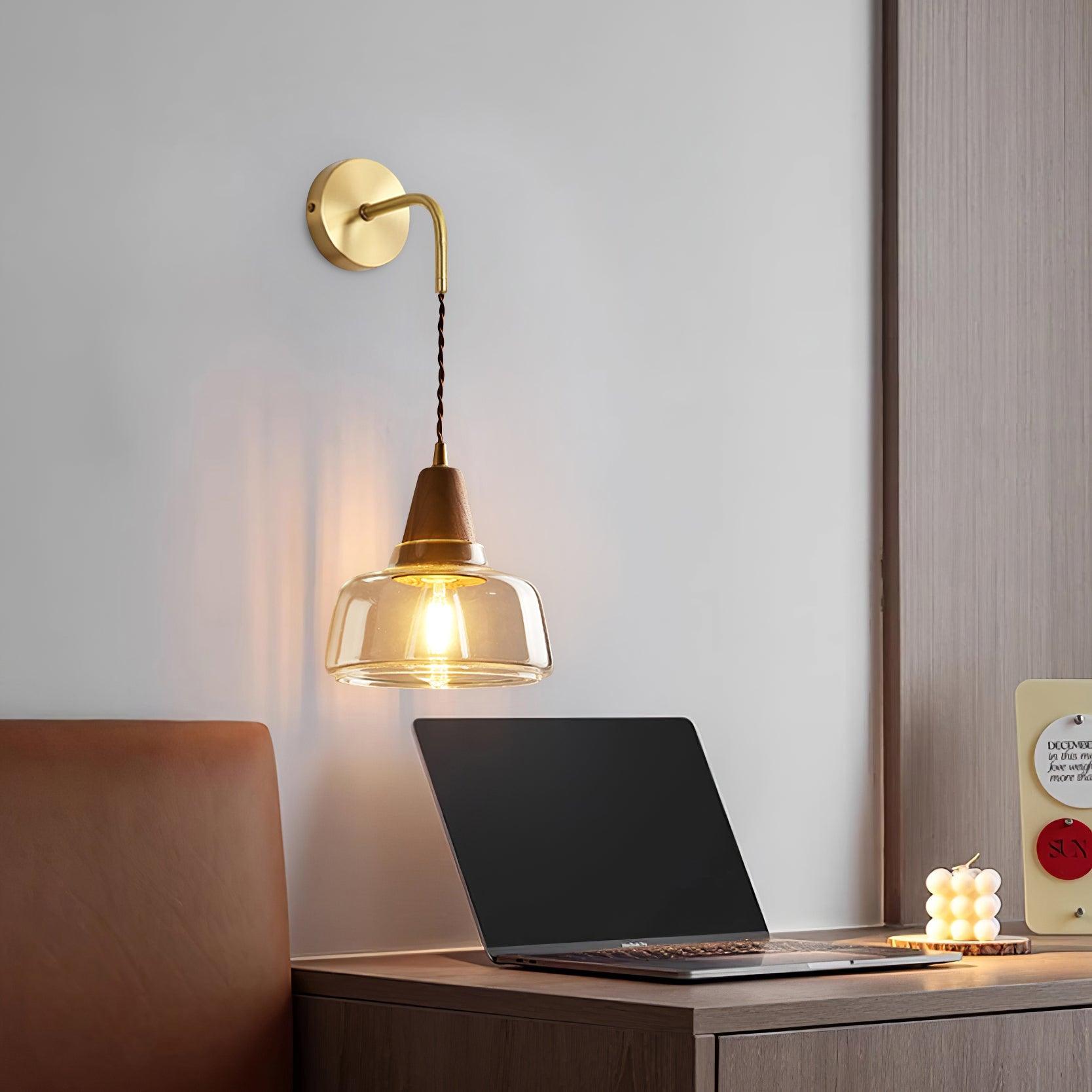 Wall Lamp Amber Glass Shade Tapered Walnut Accent Soft Glow Modern - Neutralighting