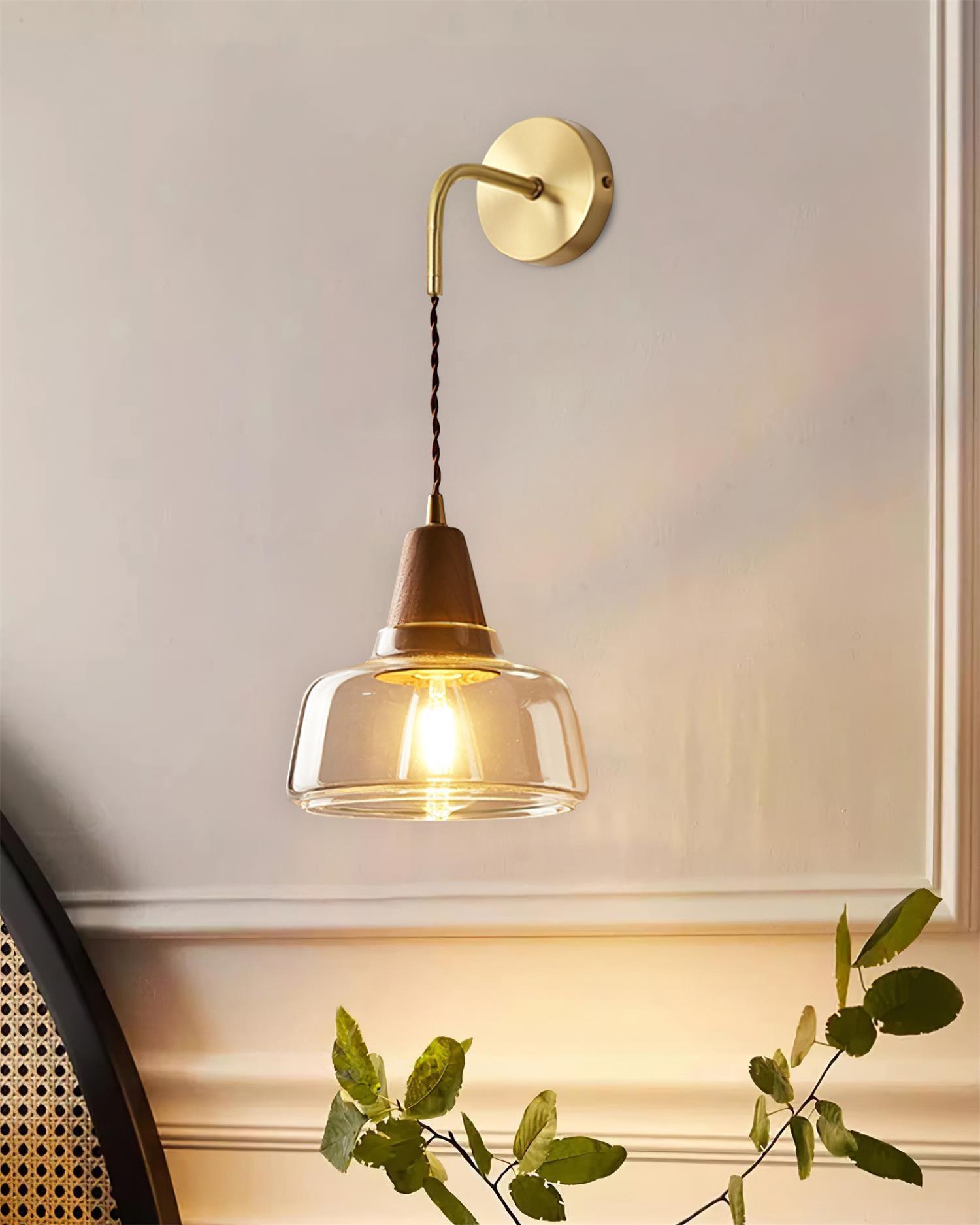 Wall Lamp Amber Glass Shade Tapered Walnut Accent Soft Glow Modern - Neutralighting