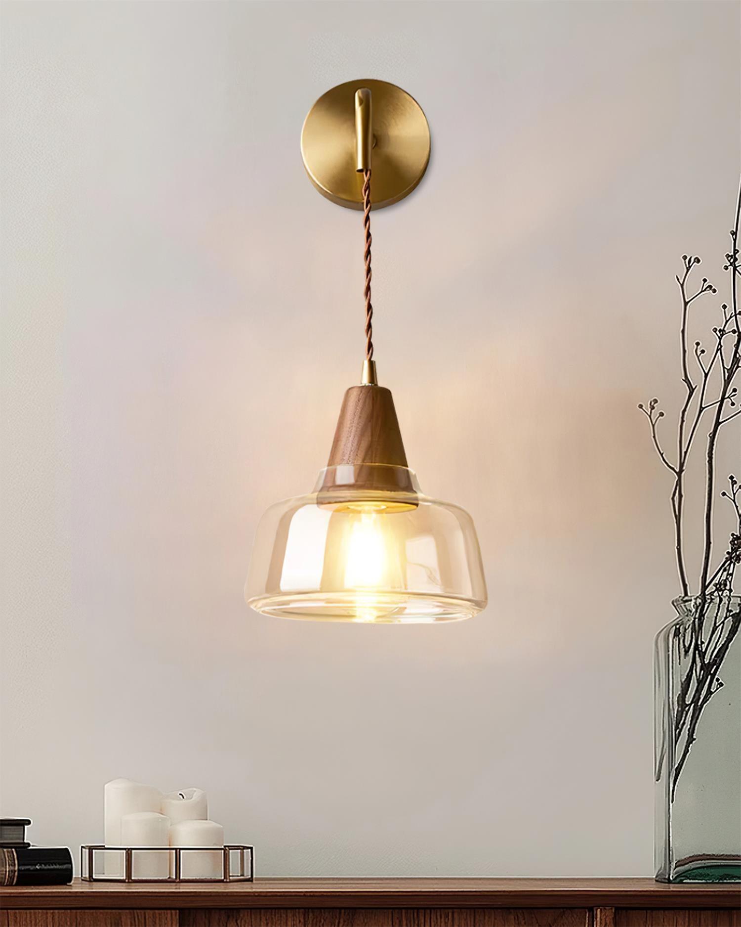 Wall Lamp Amber Glass Shade Tapered Walnut Accent Soft Glow Modern - Neutralighting