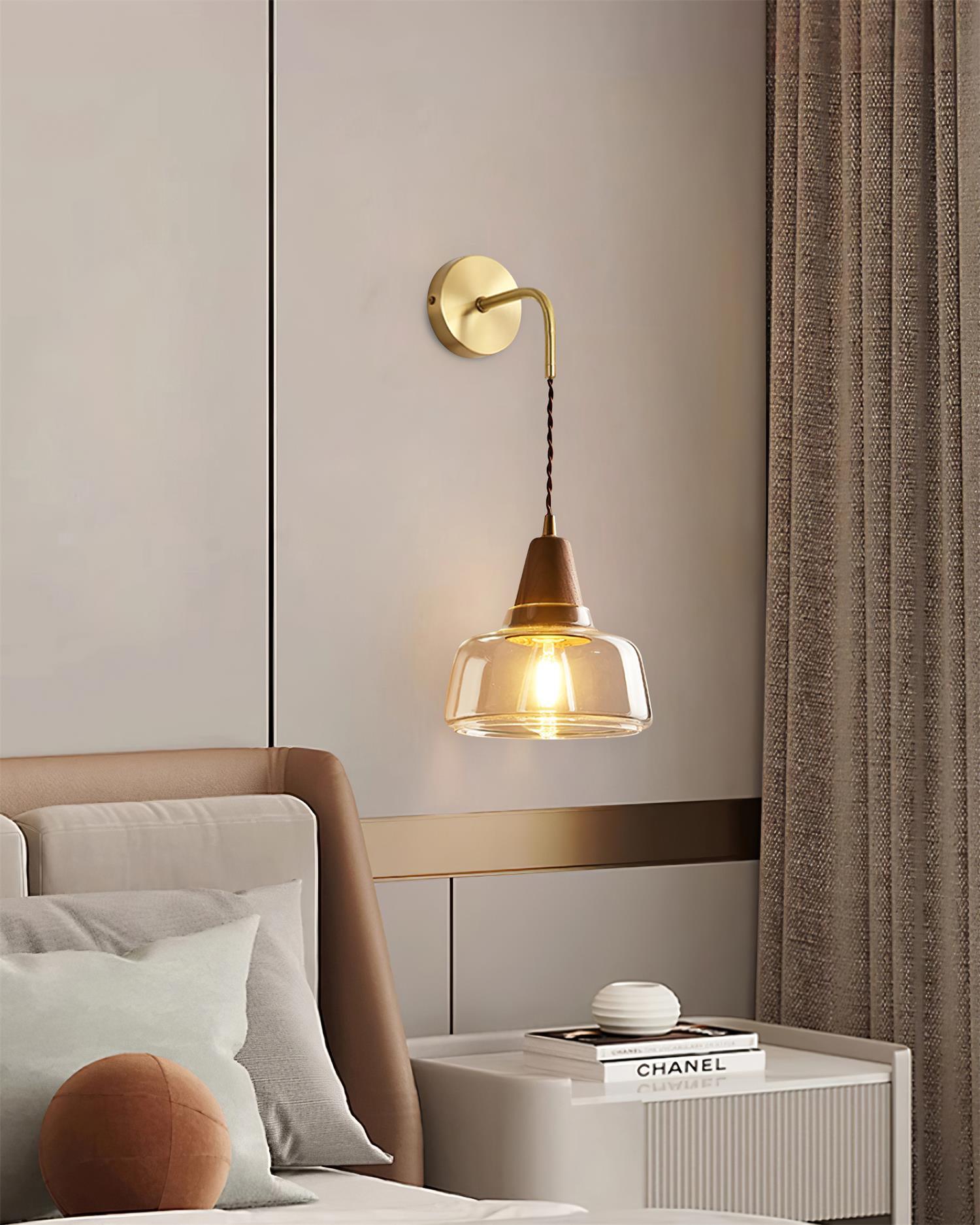 Wall Lamp Amber Glass Shade Tapered Walnut Accent Soft Glow Modern - Neutralighting