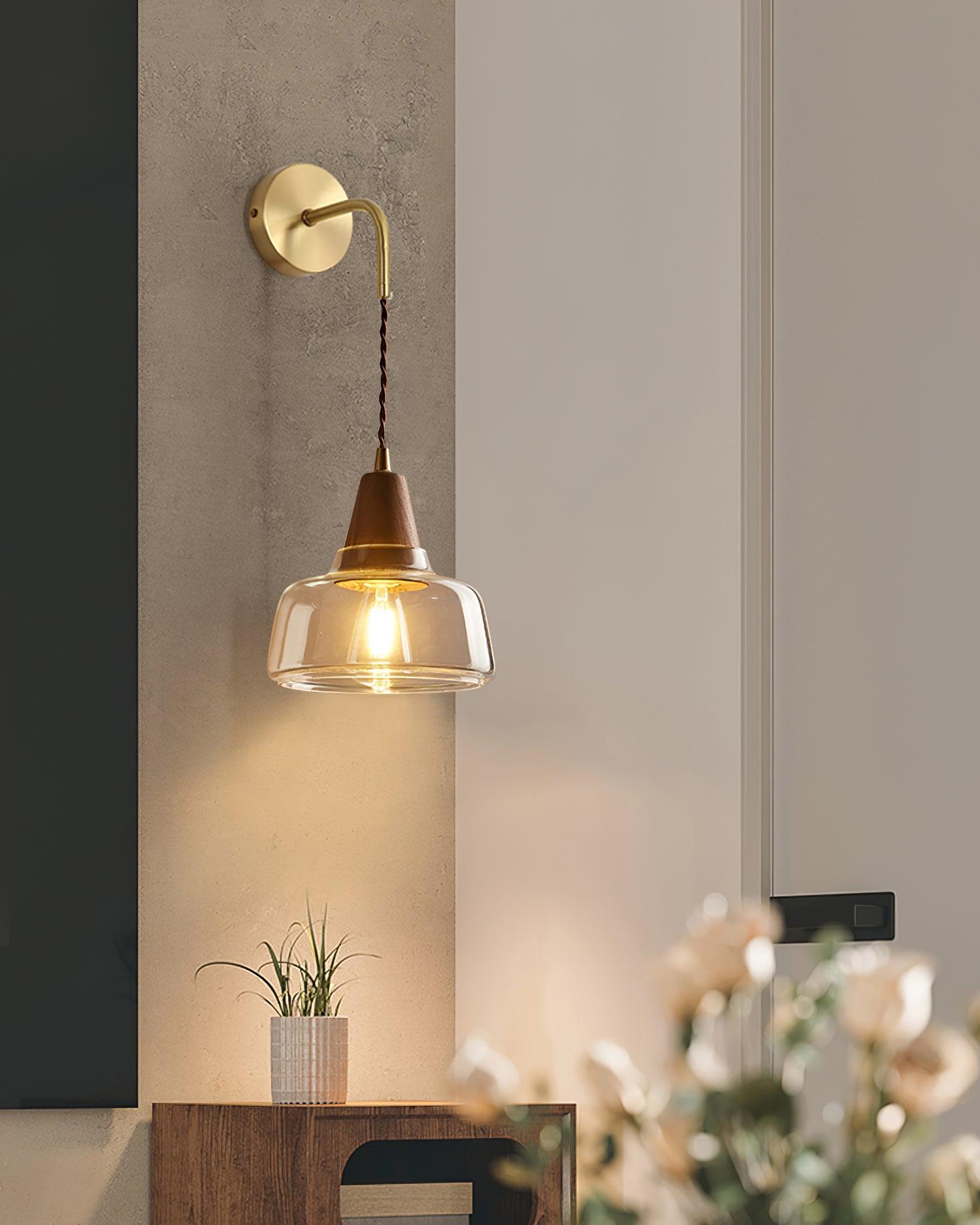 Wall Lamp Amber Glass Shade Tapered Walnut Accent Soft Glow Modern - Neutralighting