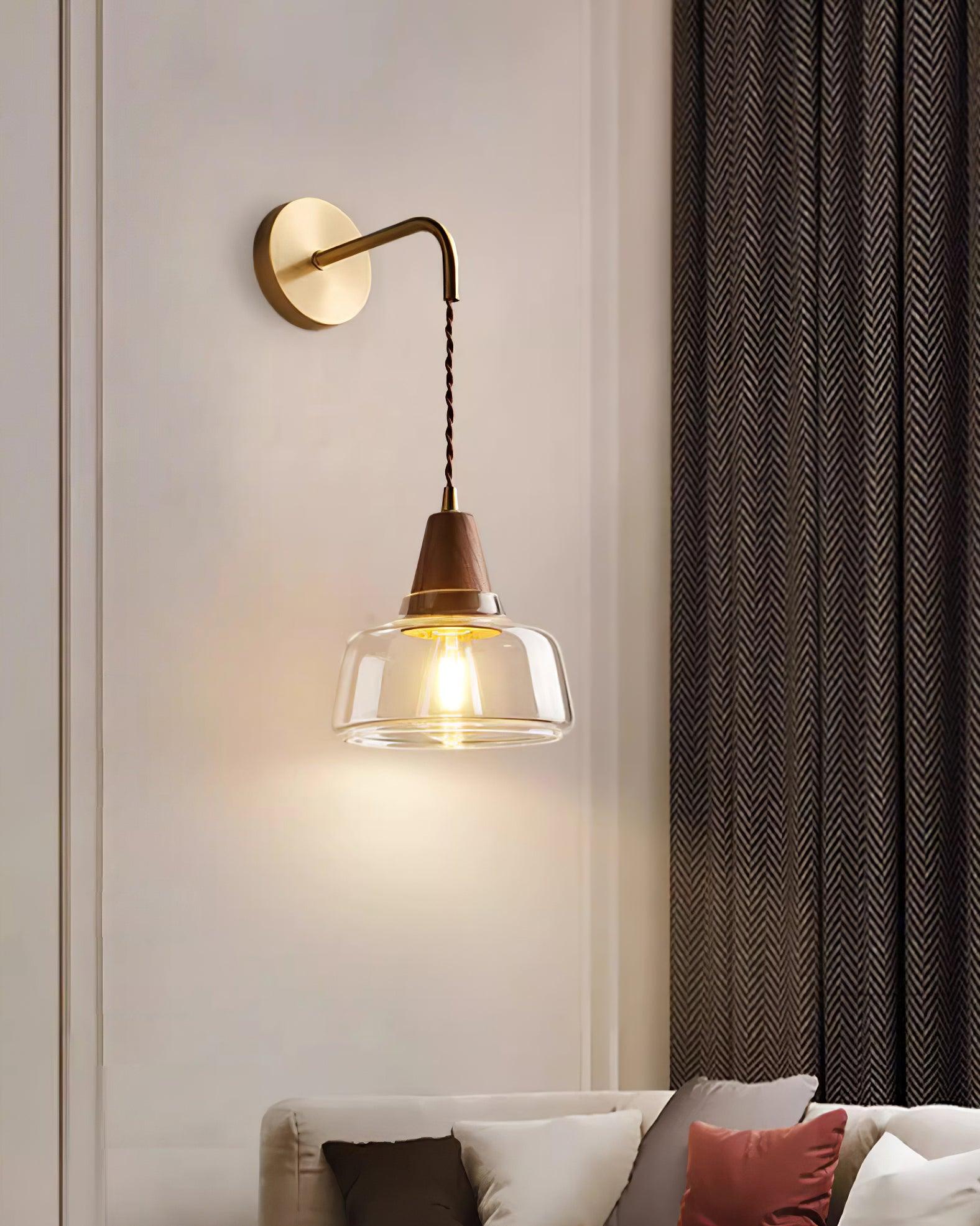 Wall Lamp Amber Glass Shade Tapered Walnut Accent Soft Glow Modern - Neutralighting