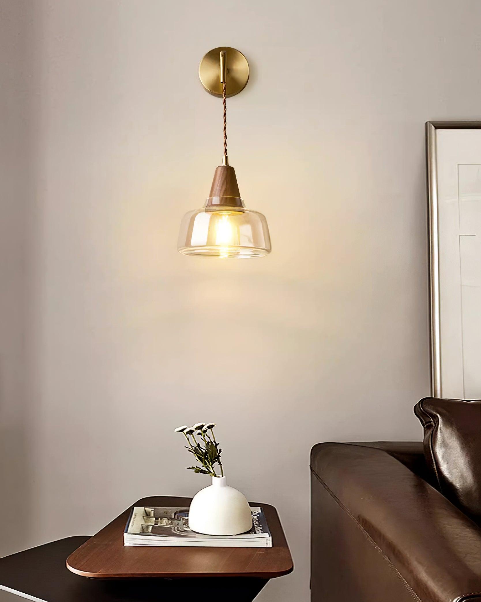 Wall Lamp Amber Glass Shade Tapered Walnut Accent Soft Glow Modern - Neutralighting