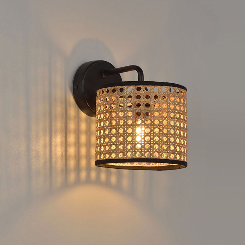 Muto Rustic Cylindrical Rattan/Metal Wall Lamp, Brown - Neutralighting