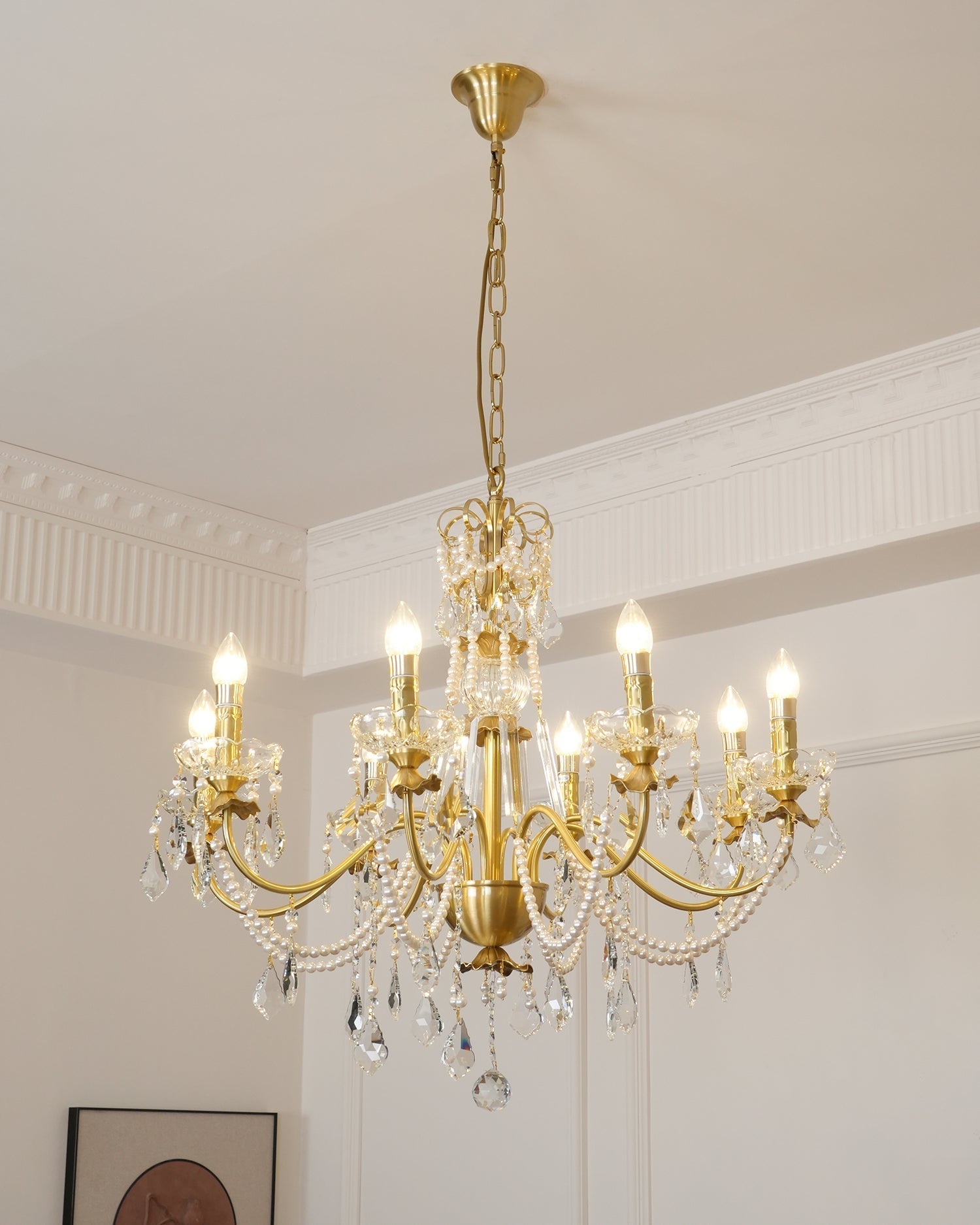 Chandelier Brass Body Crystal Pearl Drops Vintage Elegance - Neutralighting