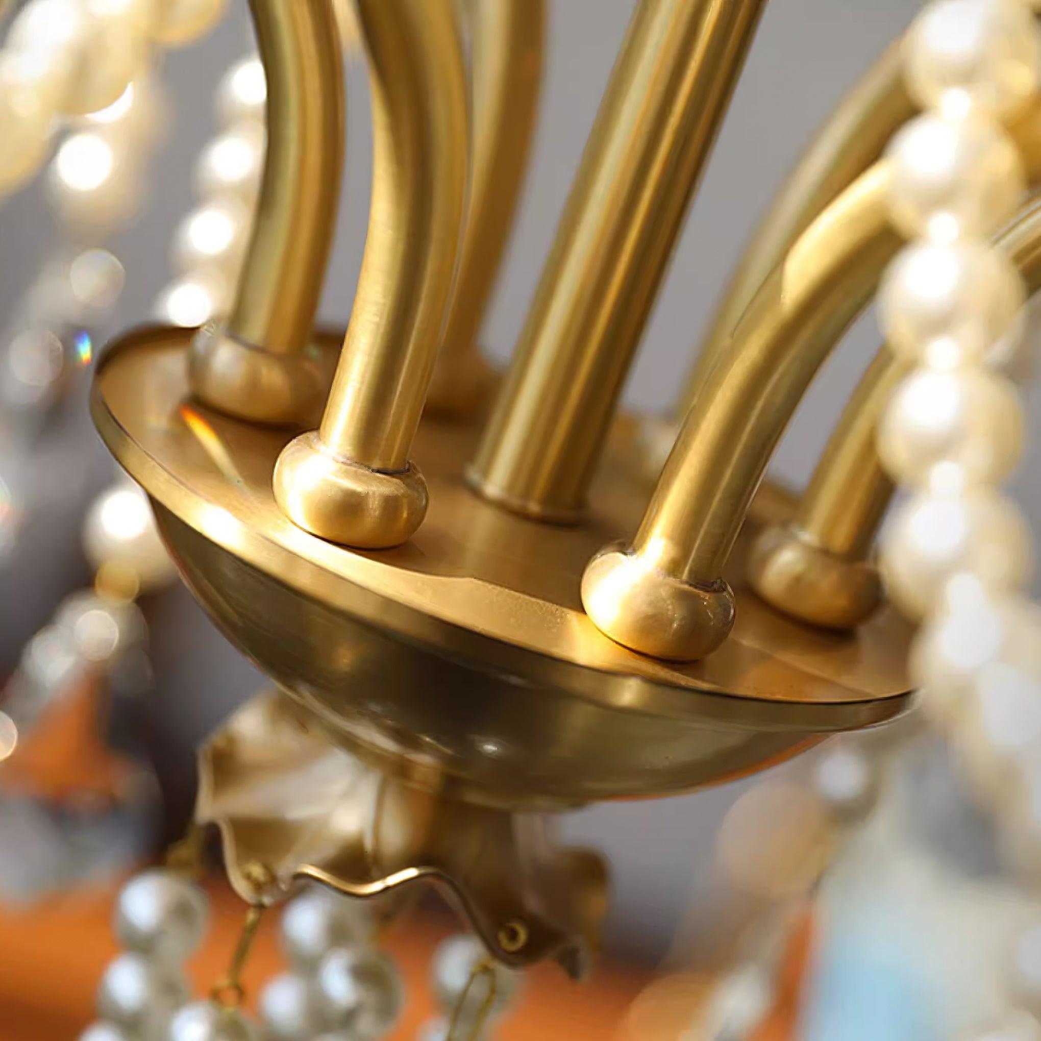 Chandelier Brass Body Crystal Pearl Drops Vintage Elegance - Neutralighting