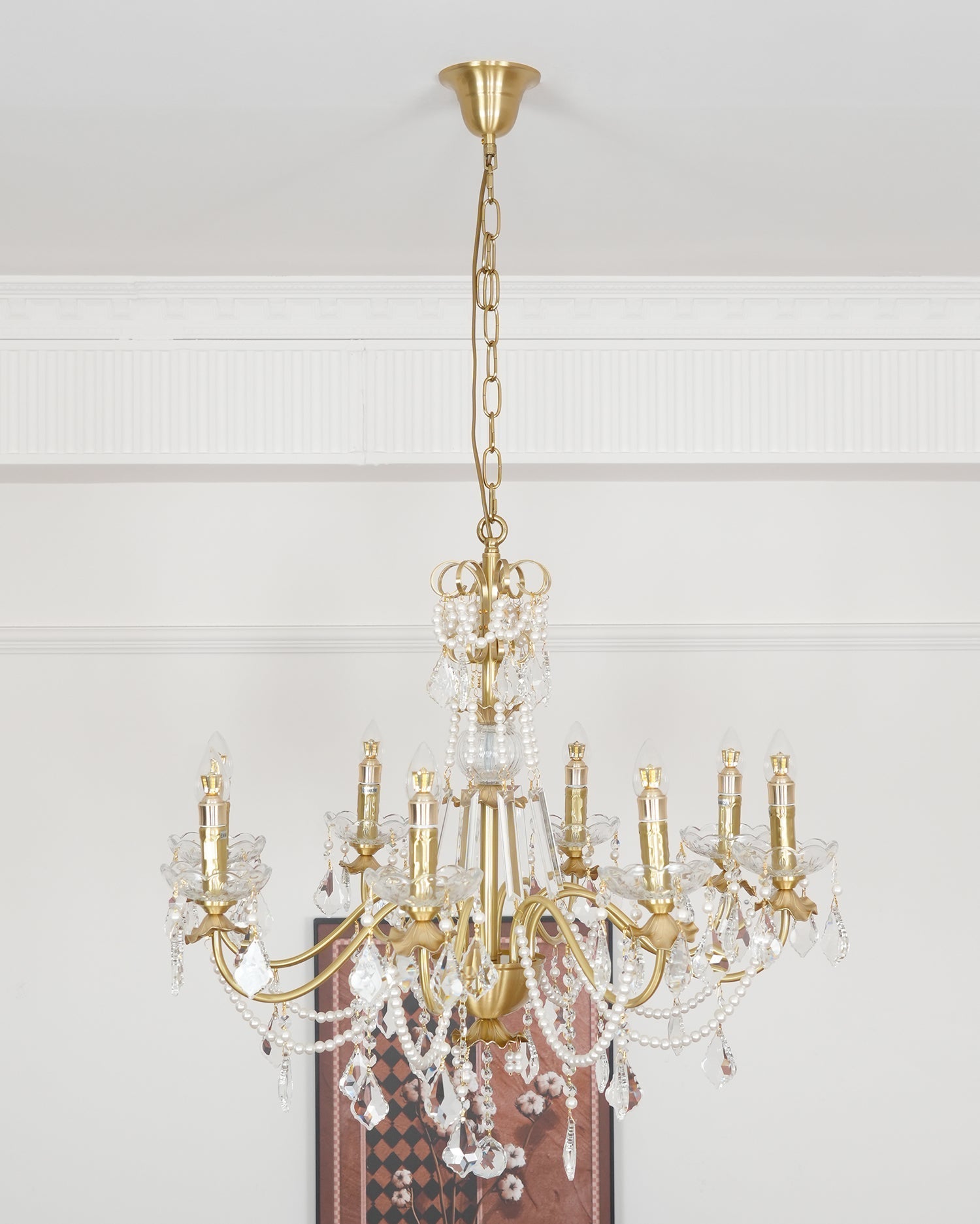 Chandelier Brass Body Crystal Pearl Drops Vintage Elegance - Neutralighting