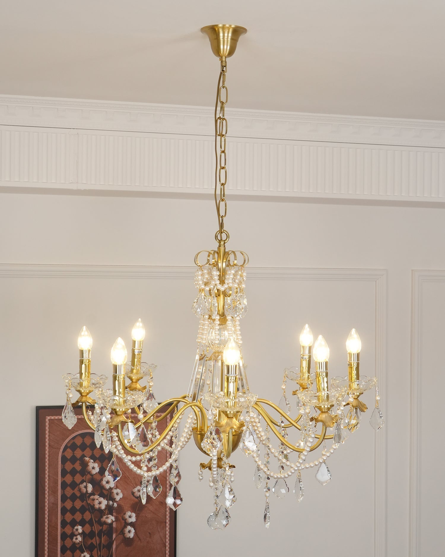 Chandelier Brass Body Crystal Pearl Drops Vintage Elegance - Neutralighting